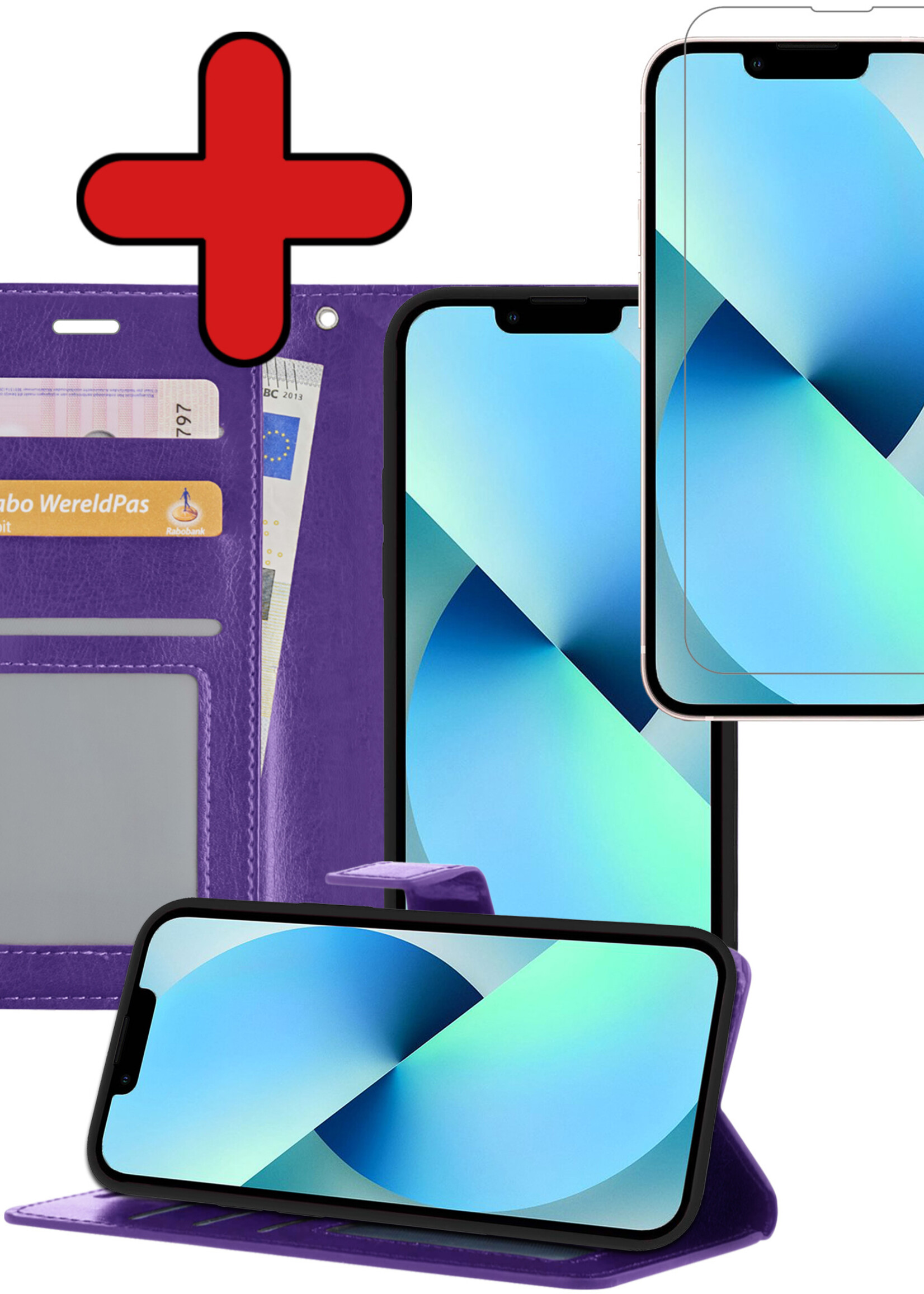BTH Hoesje Geschikt voor iPhone 14 Hoesje Book Case Hoes Portemonnee Cover Walletcase Met Screenprotector - Hoes Geschikt voor iPhone 14 Hoes Bookcase Hoesje - Paars
