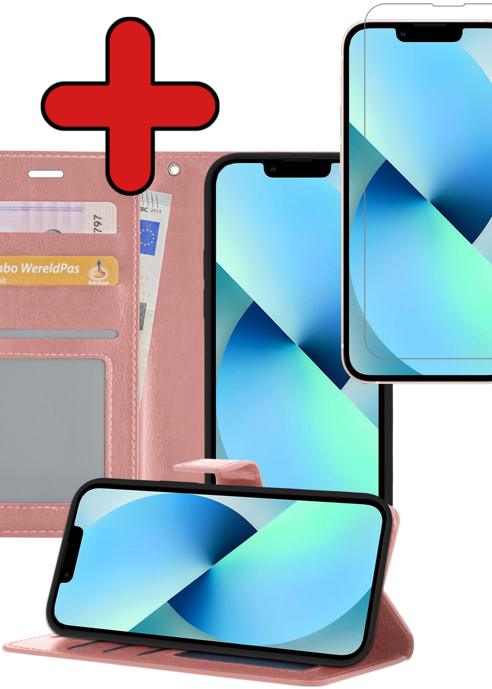 BTH Hoesje Geschikt voor iPhone 14 Hoesje Book Case Hoes Portemonnee Cover Walletcase Met Screenprotector - Hoes Geschikt voor iPhone 14 Hoes Bookcase Hoesje - Rosé goud
