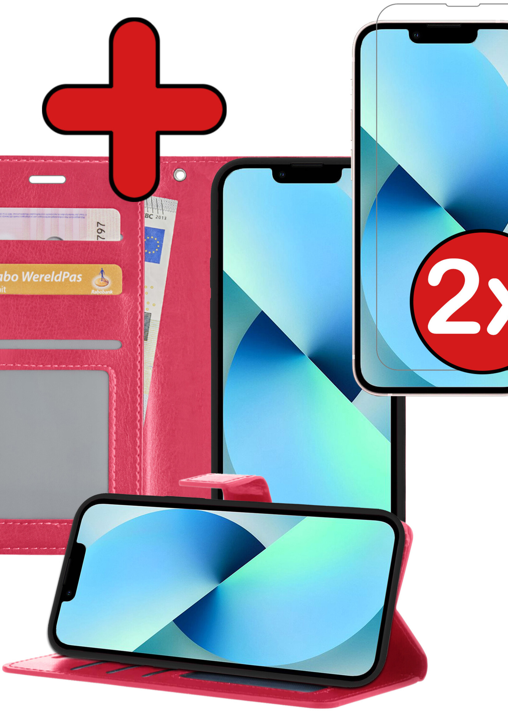BTH Hoesje Geschikt voor iPhone 14 Hoesje Book Case Hoes Portemonnee Cover Walletcase Met 2x Screenprotector - Hoes Geschikt voor iPhone 14 Hoes Bookcase Hoesje - Donkerroze