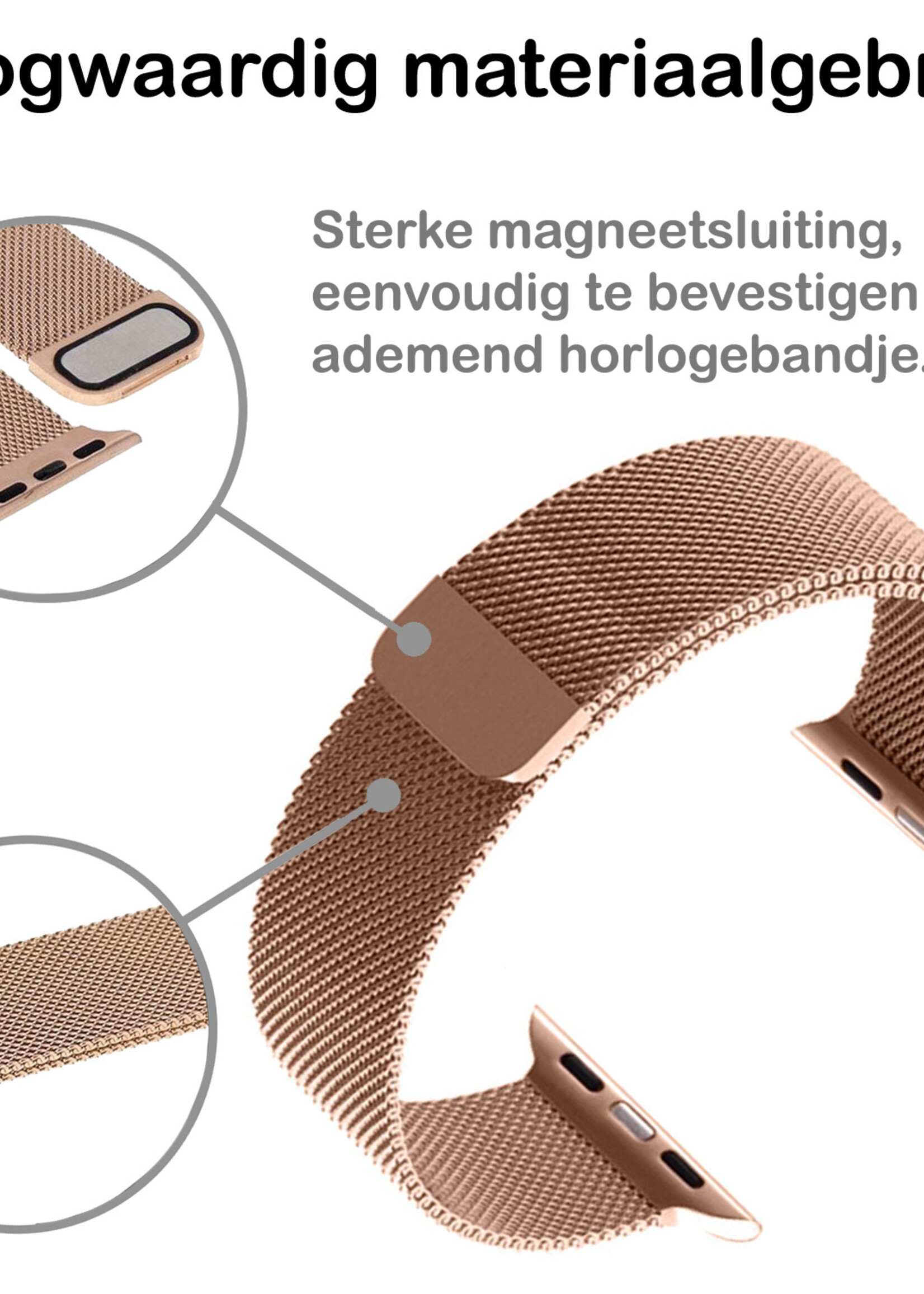BTH Milanese Horlogeband Geschikt voor Apple Watch 8 45 mm Bandje Milanees - Polsbandje Met Magneetsluiting Geschikt voor Apple Watch 8 45 mm Bandje Milanees - Zwart & Rose Goud
