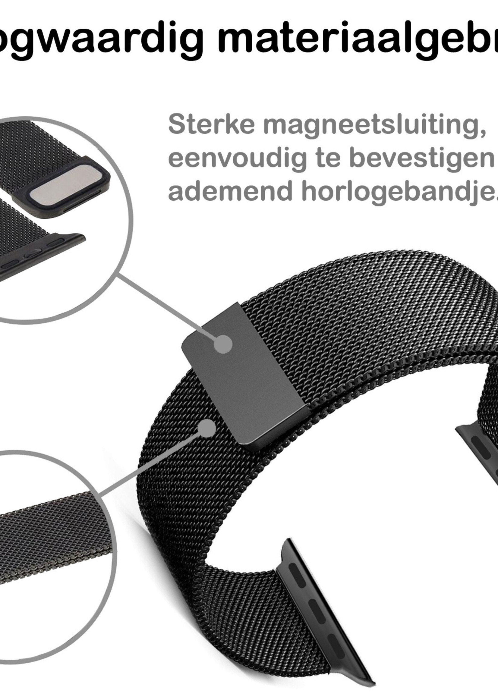 BTH Geschikt Voor Apple Watch 8 Bandje Zwart Horloge Bandje Milanees Met Magneetsluiting (45 mm)