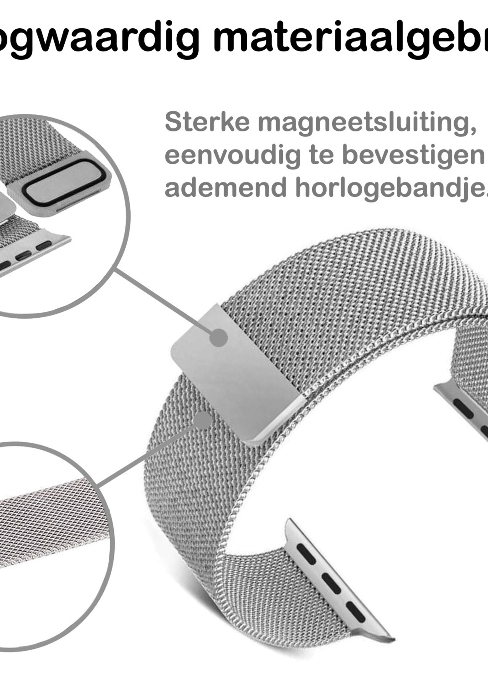 BTH Geschikt Voor Apple Watch 8 Bandje Zilver Horloge Bandje Milanees Met Magneetsluiting (45 mm)