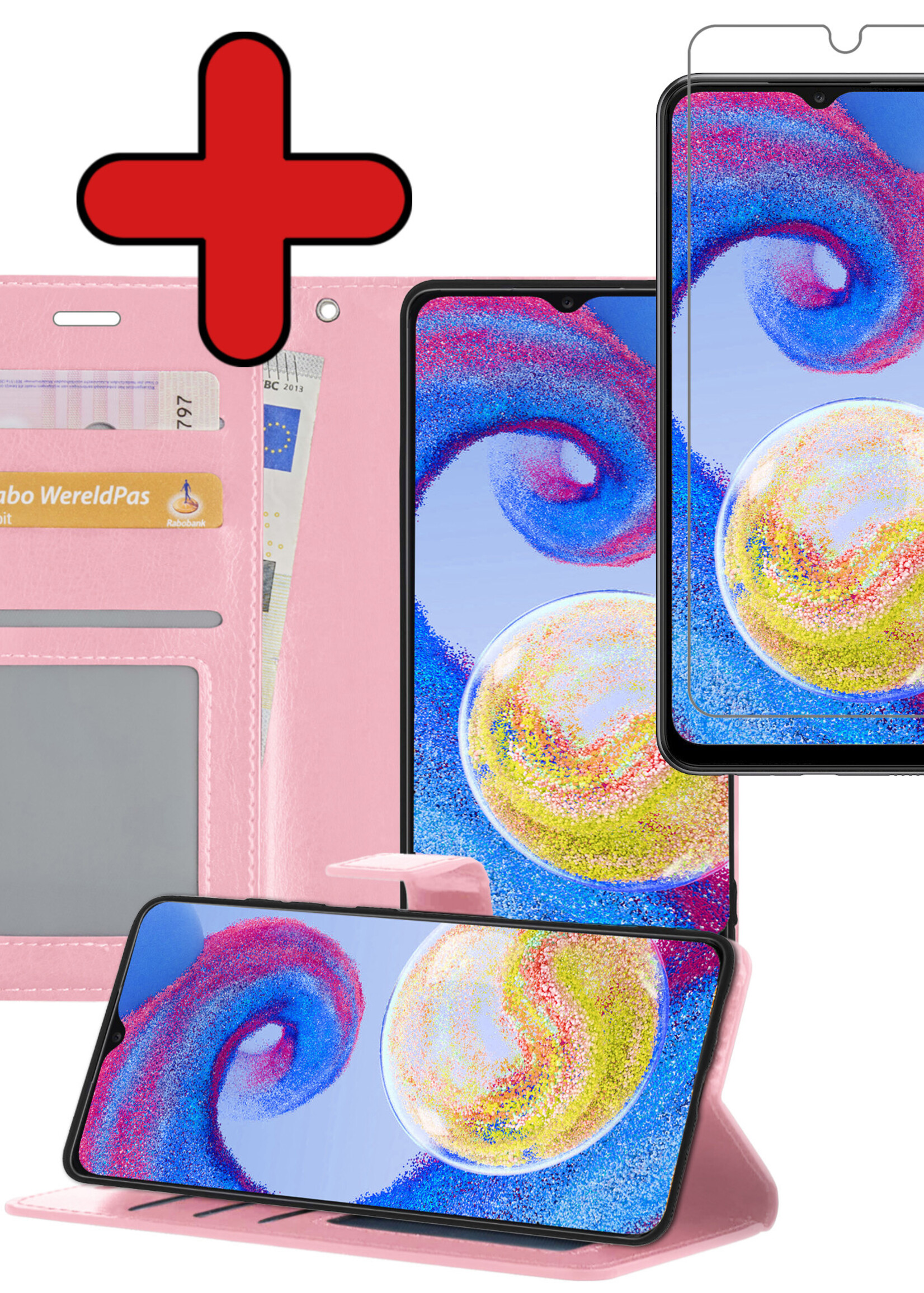 BTH Hoesje Geschikt voor Samsung A04s Hoesje Book Case Hoes Portemonnee Cover Walletcase Met Screenprotector - Hoes Geschikt voor Samsung Galaxy A04s Hoes Bookcase Hoesje - Lichtroze