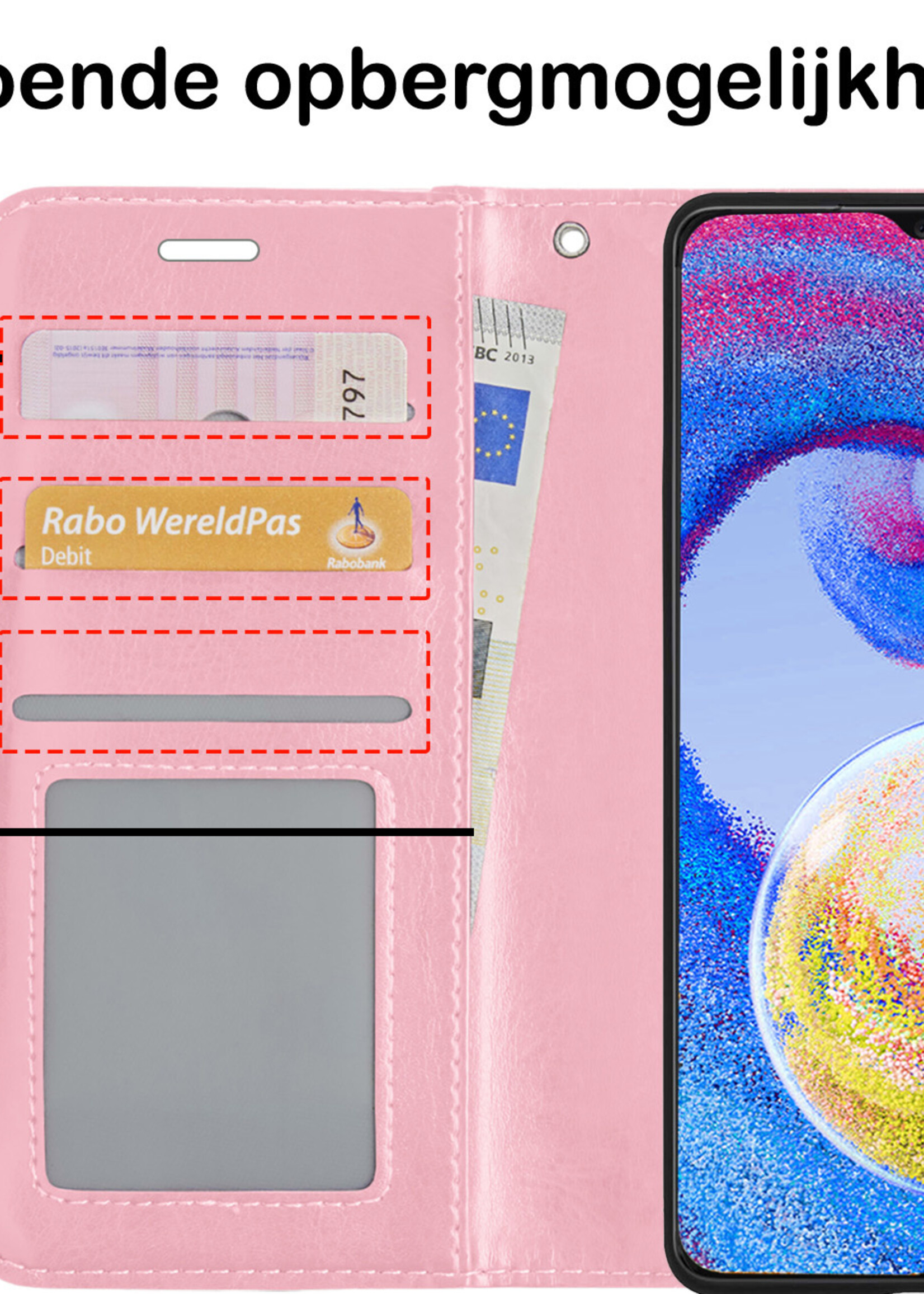 BTH Hoesje Geschikt voor Samsung A04s Hoesje Book Case Hoes Portemonnee Cover Walletcase Met Screenprotector - Hoes Geschikt voor Samsung Galaxy A04s Hoes Bookcase Hoesje - Lichtroze