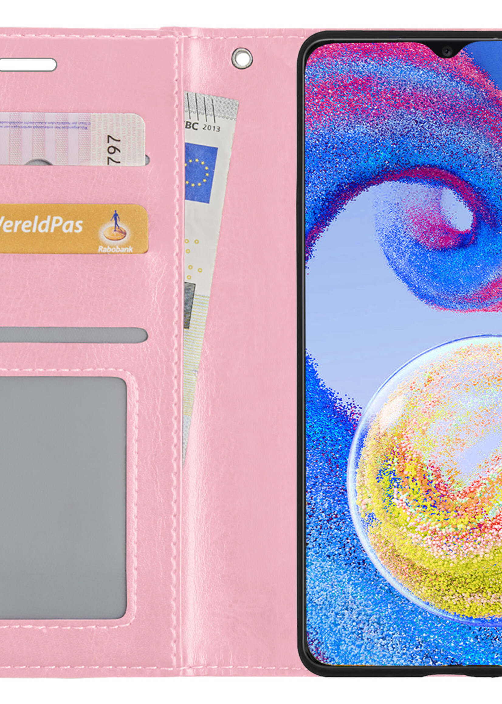 BTH Hoesje Geschikt voor Samsung A04s Hoesje Book Case Hoes Portemonnee Cover Walletcase Met Screenprotector - Hoes Geschikt voor Samsung Galaxy A04s Hoes Bookcase Hoesje - Lichtroze