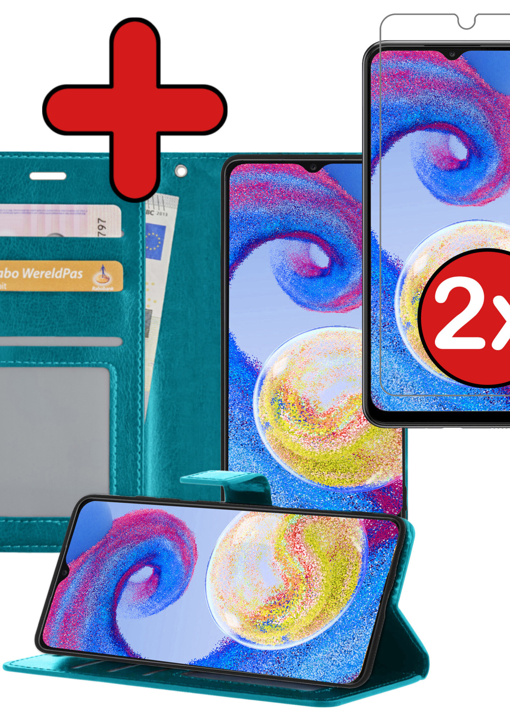 BTH Hoesje Geschikt voor Samsung A04s Hoesje Book Case Hoes Portemonnee Cover Walletcase Met 2x Screenprotector - Hoes Geschikt voor Samsung Galaxy A04s Hoes Bookcase Hoesje - Turquoise