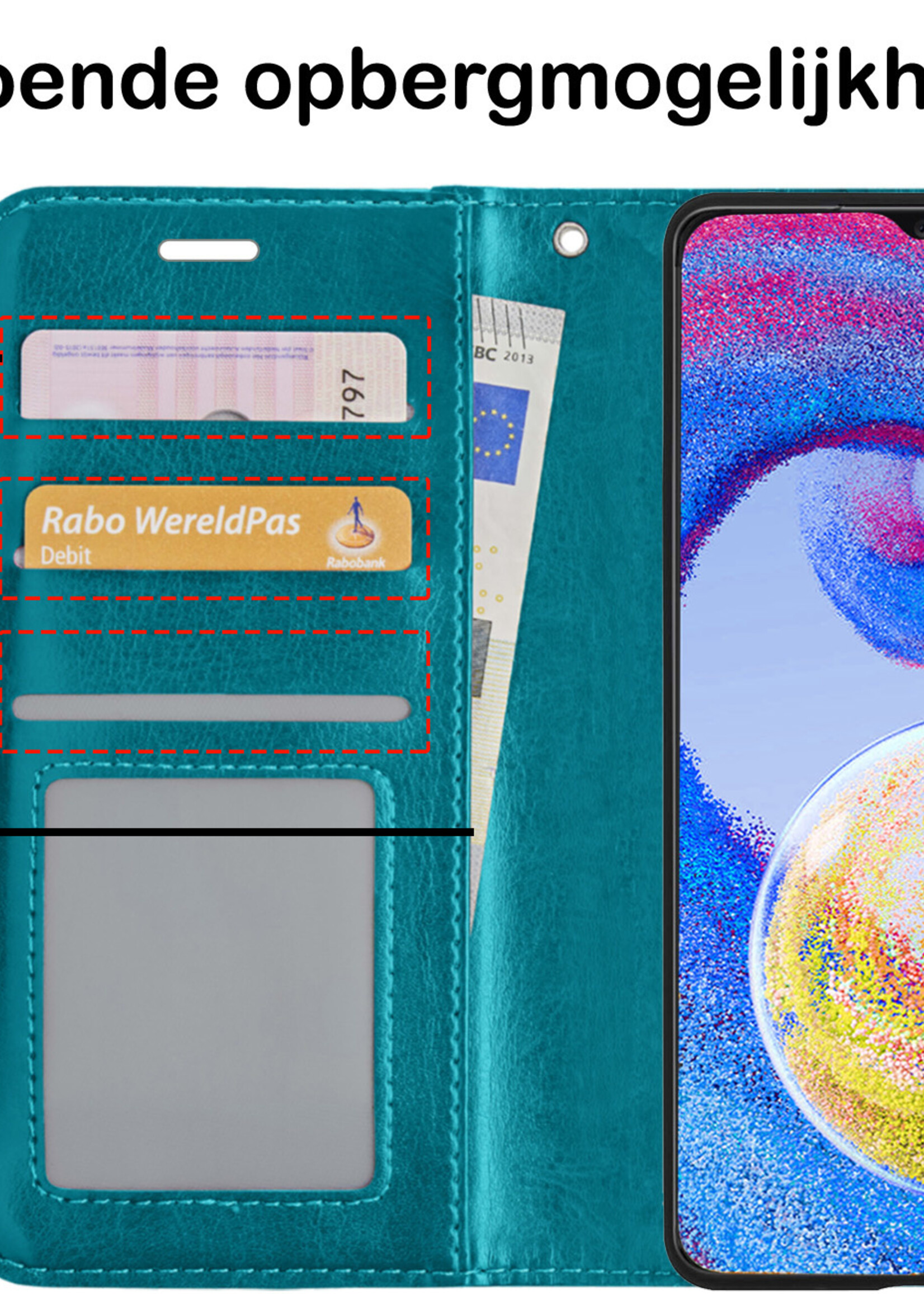 BTH Hoesje Geschikt voor Samsung A04s Hoesje Book Case Hoes Portemonnee Cover Walletcase Met 2x Screenprotector - Hoes Geschikt voor Samsung Galaxy A04s Hoes Bookcase Hoesje - Turquoise