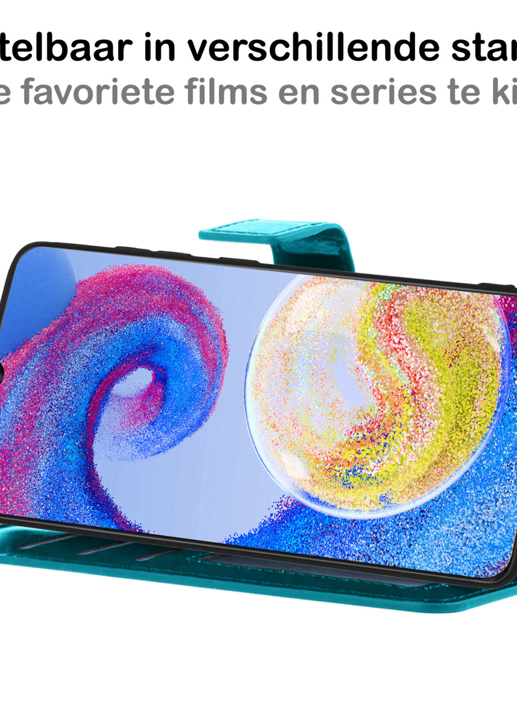 BTH Hoesje Geschikt voor Samsung A04s Hoesje Book Case Hoes Portemonnee Cover Walletcase Met 2x Screenprotector - Hoes Geschikt voor Samsung Galaxy A04s Hoes Bookcase Hoesje - Turquoise