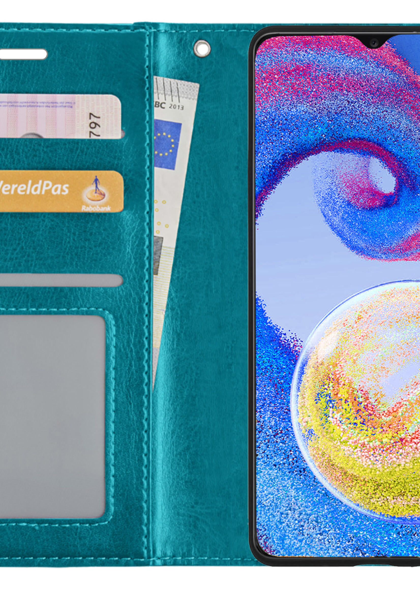 BTH Hoesje Geschikt voor Samsung A04s Hoesje Book Case Hoes Portemonnee Cover Walletcase Met 2x Screenprotector - Hoes Geschikt voor Samsung Galaxy A04s Hoes Bookcase Hoesje - Turquoise