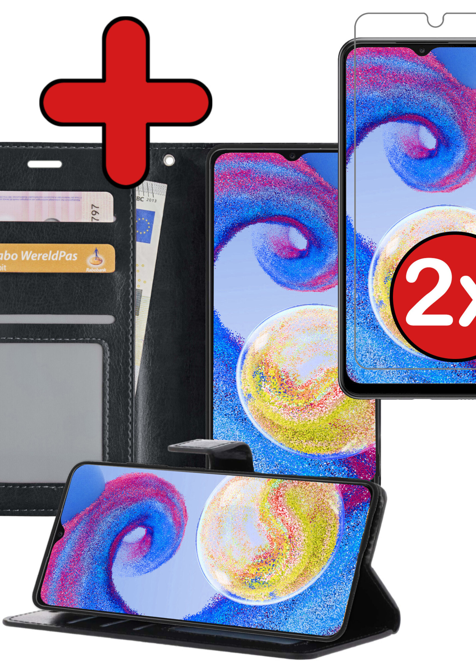BTH Hoesje Geschikt voor Samsung A04s Hoesje Book Case Hoes Portemonnee Cover Walletcase Met 2x Screenprotector - Hoes Geschikt voor Samsung Galaxy A04s Hoes Bookcase Hoesje - Zwart