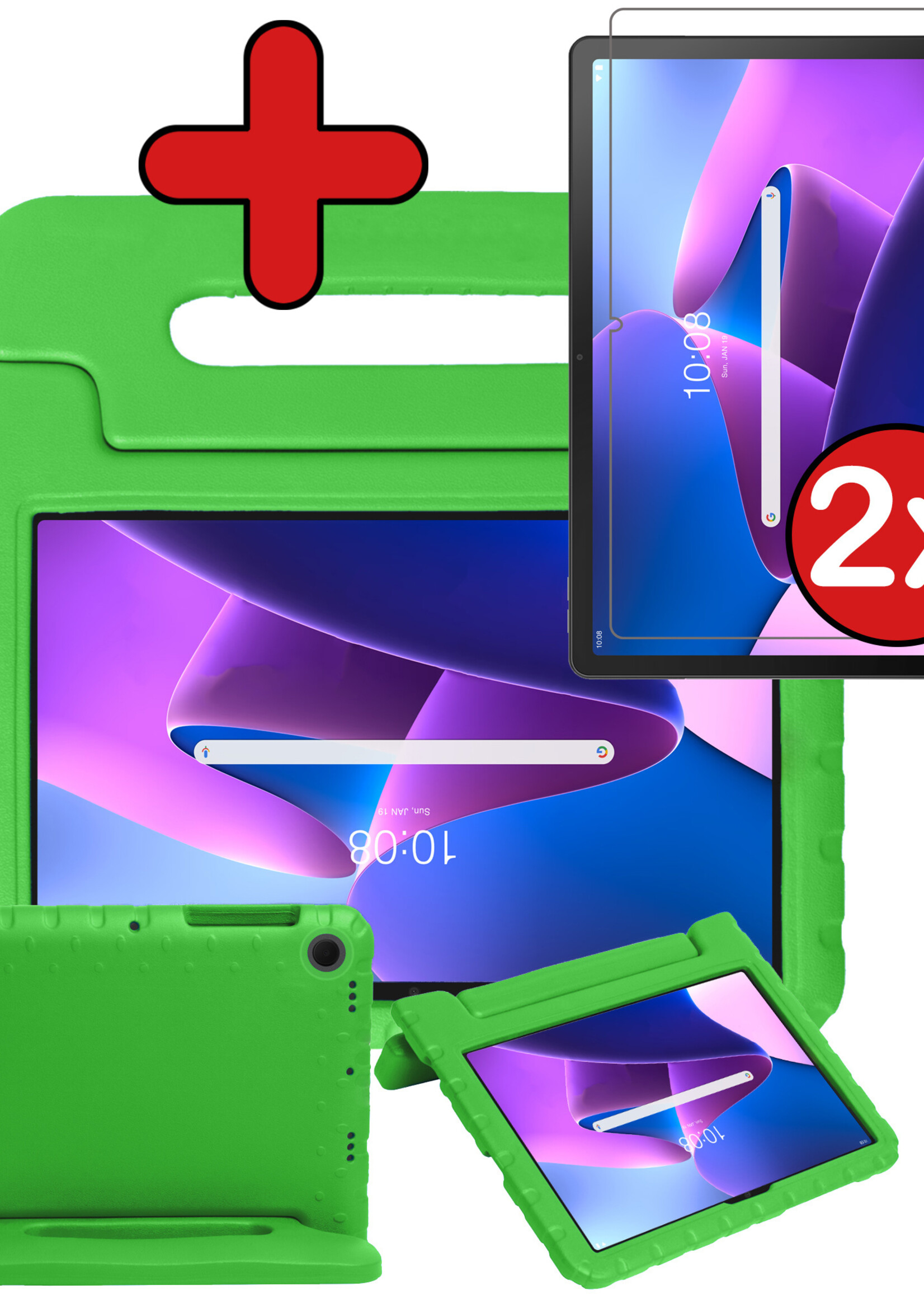 BTH Kinderhoes Geschikt voor Lenovo Tab M10 Plus 3rd Gen Hoes Kinder Hoesje Kids Case Cover Kidsproof Met 2x Screenprotector - Hoesje Geschikt voor Lenovo Tab M10 Plus (3e Gen) Hoesje Kinder Hoes - Groen