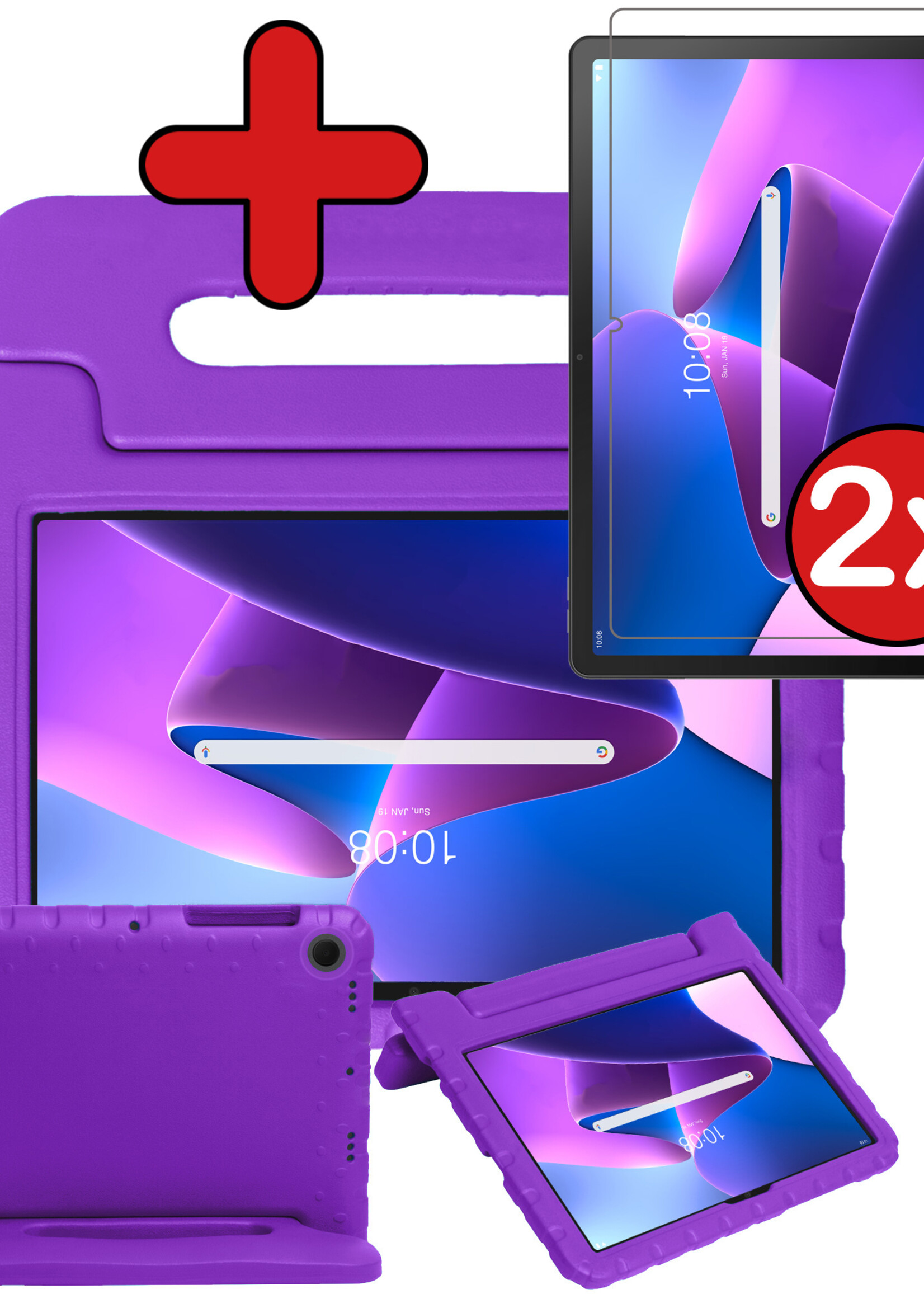 BTH Kinderhoes Geschikt voor Lenovo Tab M10 Plus 3rd Gen Hoes Kinder Hoesje Kids Case Cover Kidsproof Met 2x Screenprotector - Hoesje Geschikt voor Lenovo Tab M10 Plus (3e Gen) Hoesje Kinder Hoes - Paars