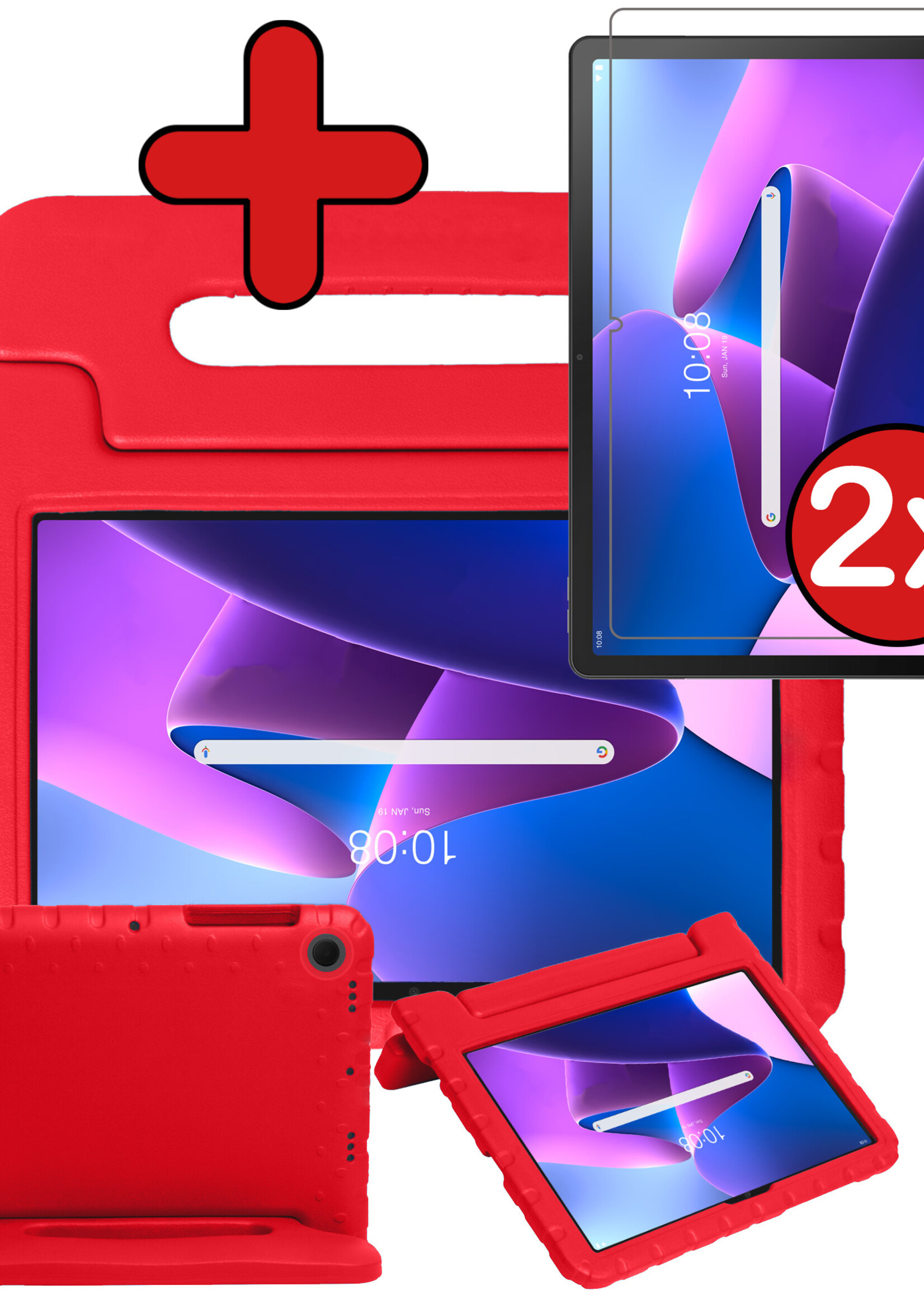 BTH Kinderhoes Geschikt voor Lenovo Tab M10 Plus 3rd Gen Hoes Kinder Hoesje Kids Case Cover Kidsproof Met 2x Screenprotector - Hoesje Geschikt voor Lenovo Tab M10 Plus (3e Gen) Hoesje Kinder Hoes - Rood
