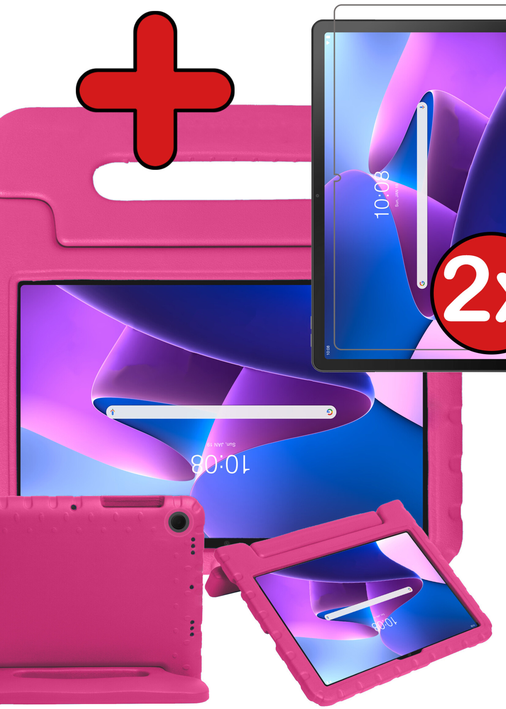 BTH Kinderhoes Geschikt voor Lenovo Tab M10 Plus 3rd Gen Hoes Kinder Hoesje Kids Case Cover Kidsproof Met 2x Screenprotector - Hoesje Geschikt voor Lenovo Tab M10 Plus (3e Gen) Hoesje Kinder Hoes - Roze