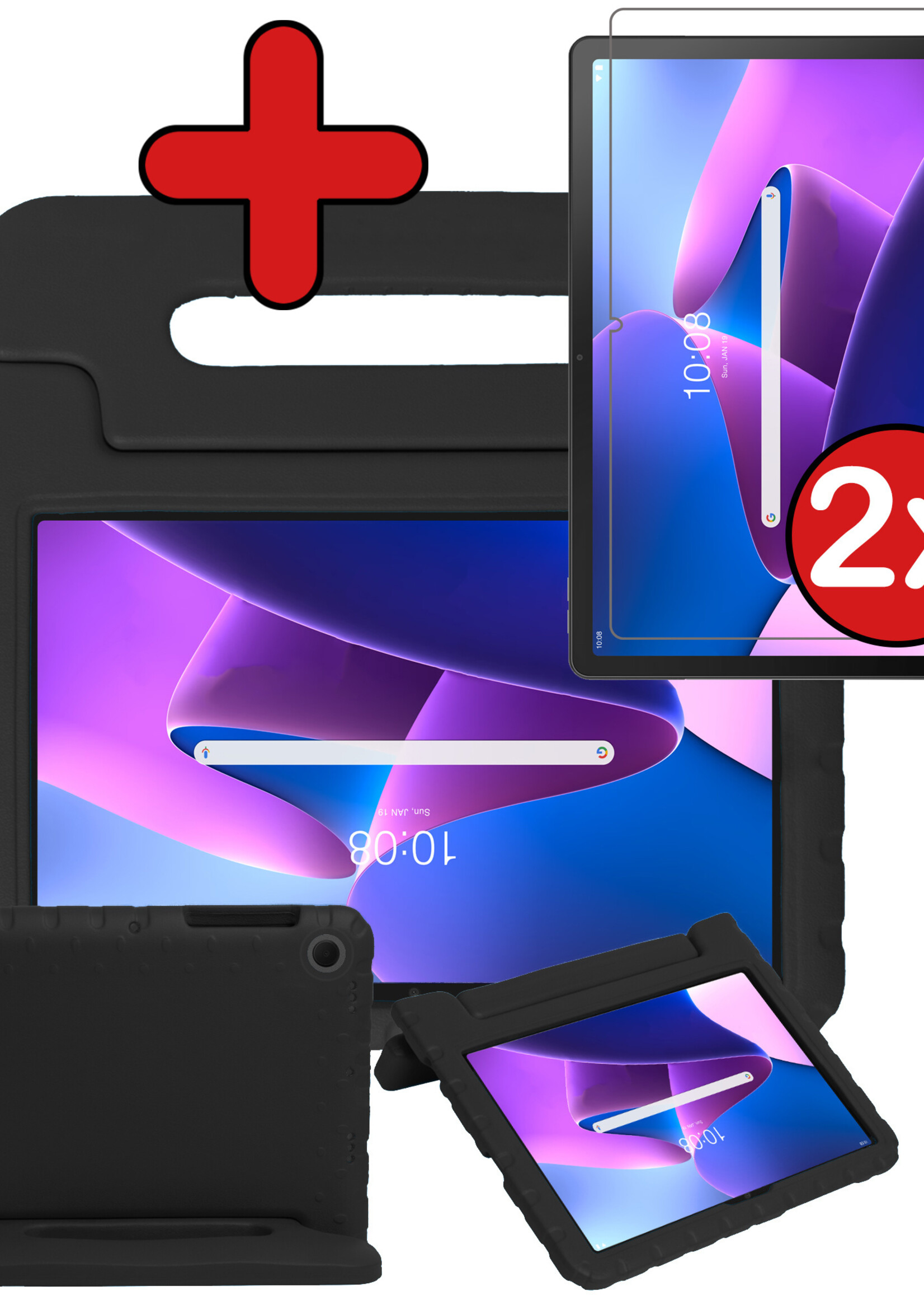 BTH Kinderhoes Geschikt voor Lenovo Tab M10 Plus 3rd Gen Hoes Kinder Hoesje Kids Case Cover Kidsproof Met 2x Screenprotector - Hoesje Geschikt voor Lenovo Tab M10 Plus (3e Gen) Hoesje Kinder Hoes - Zwart