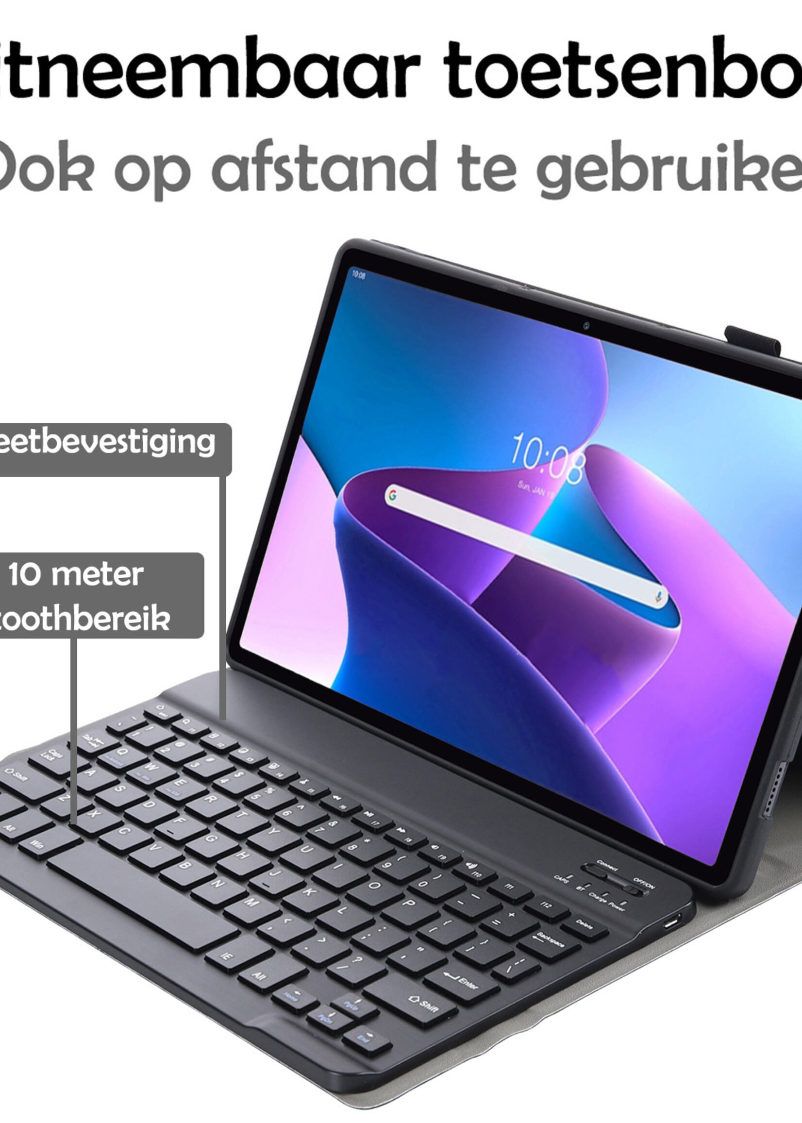 BTH Lenovo M10 Plus (3e generatie) Hoesje Toetsenbord Hoes Luxe Keyboard Case Cover - Zwart