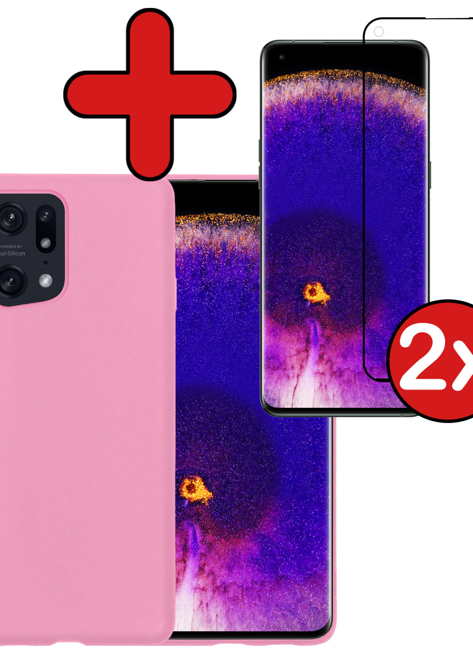 BTH Hoesje Geschikt voor OPPO Find X5 Hoesje Siliconen Case Hoes Met 2x Screenprotector - Hoes Geschikt voor OPPO X5 Hoes Cover Case - Lichtroze