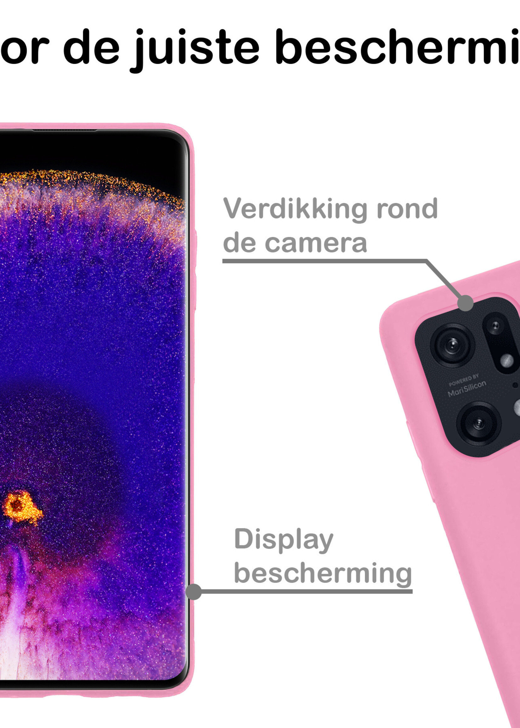 BTH Hoesje Geschikt voor OPPO Find X5 Hoesje Siliconen Case Hoes Met 2x Screenprotector - Hoes Geschikt voor OPPO X5 Hoes Cover Case - Lichtroze