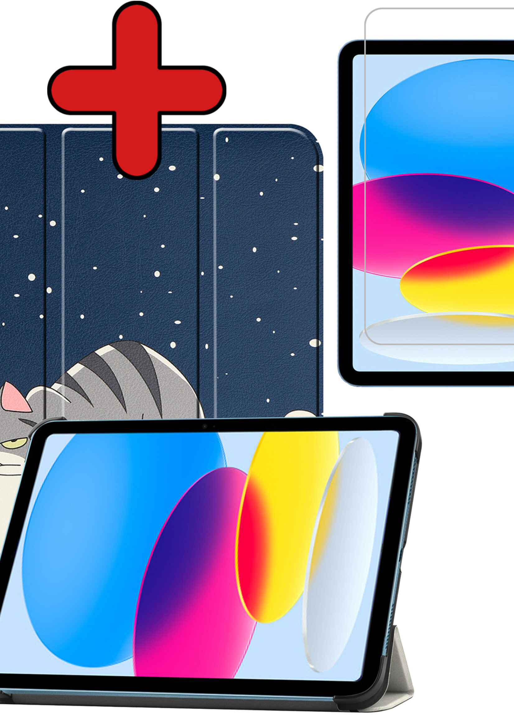 BTH Hoes Geschikt voor iPad 2022 Hoes Book Case Hoesje Trifold Cover Met Screenprotector - Hoesje Geschikt voor iPad 10 Hoesje Bookcase - Kat
