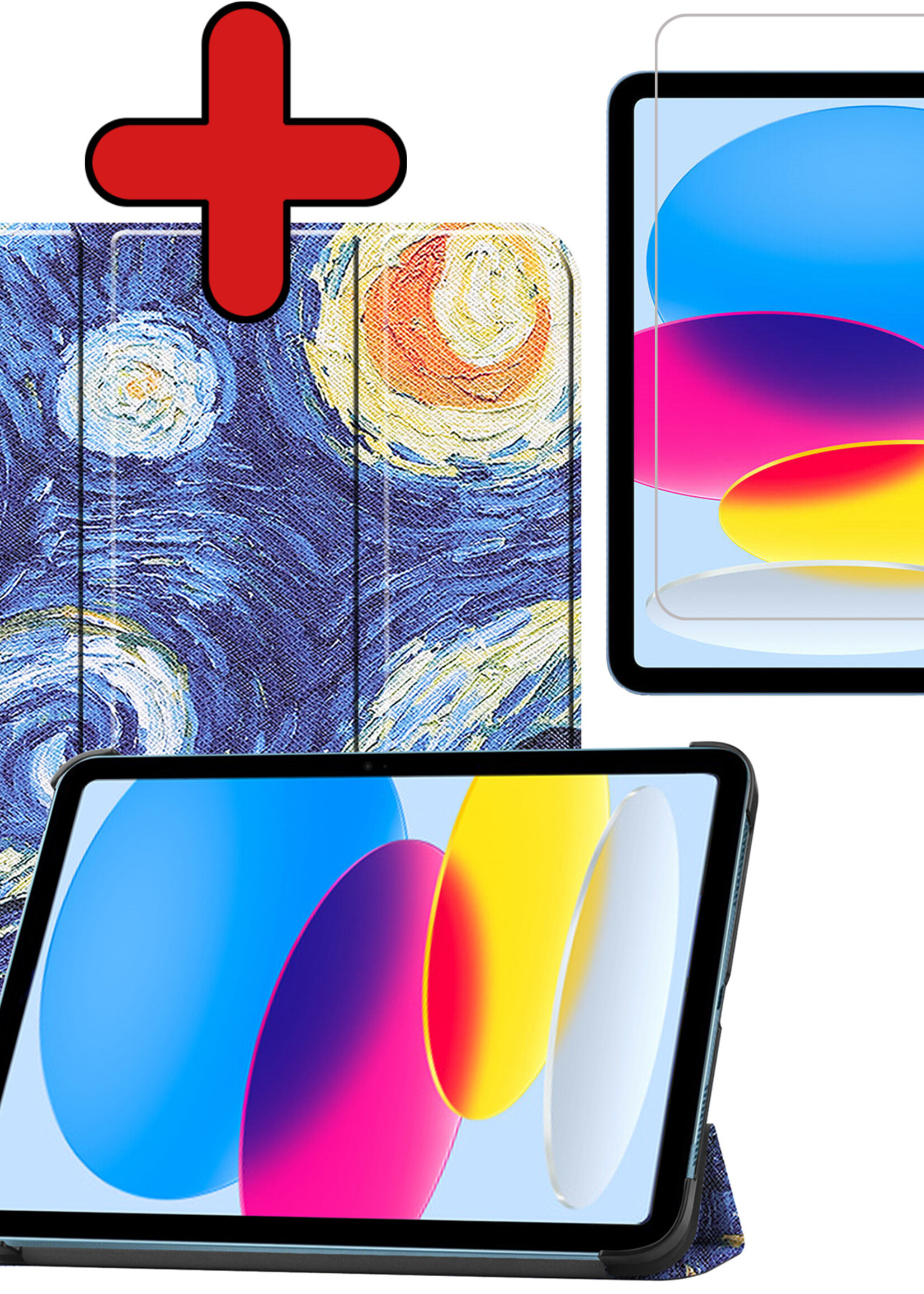 BTH Hoes Geschikt voor iPad 2022 Hoes Book Case Hoesje Trifold Cover Met Screenprotector - Hoesje Geschikt voor iPad 10 Hoesje Bookcase - Sterrenhemel