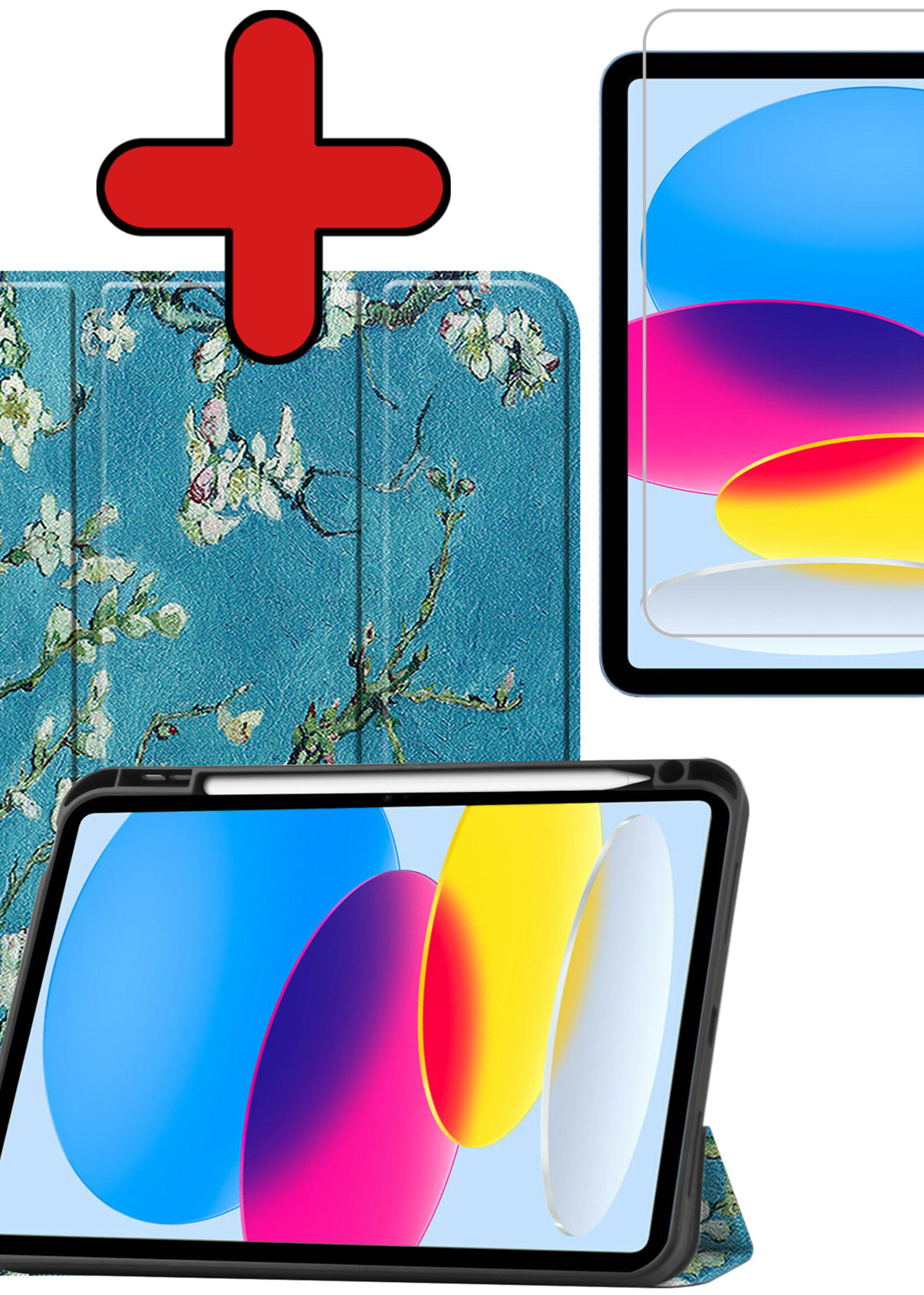 BTH Hoes Geschikt voor iPad 2022 Hoes Book Case Hoesje Trifold Cover Met Uitsparing Geschikt voor Apple Pencil Met Screenprotector - Hoesje Geschikt voor iPad 10 Hoesje Bookcase - Bloesem