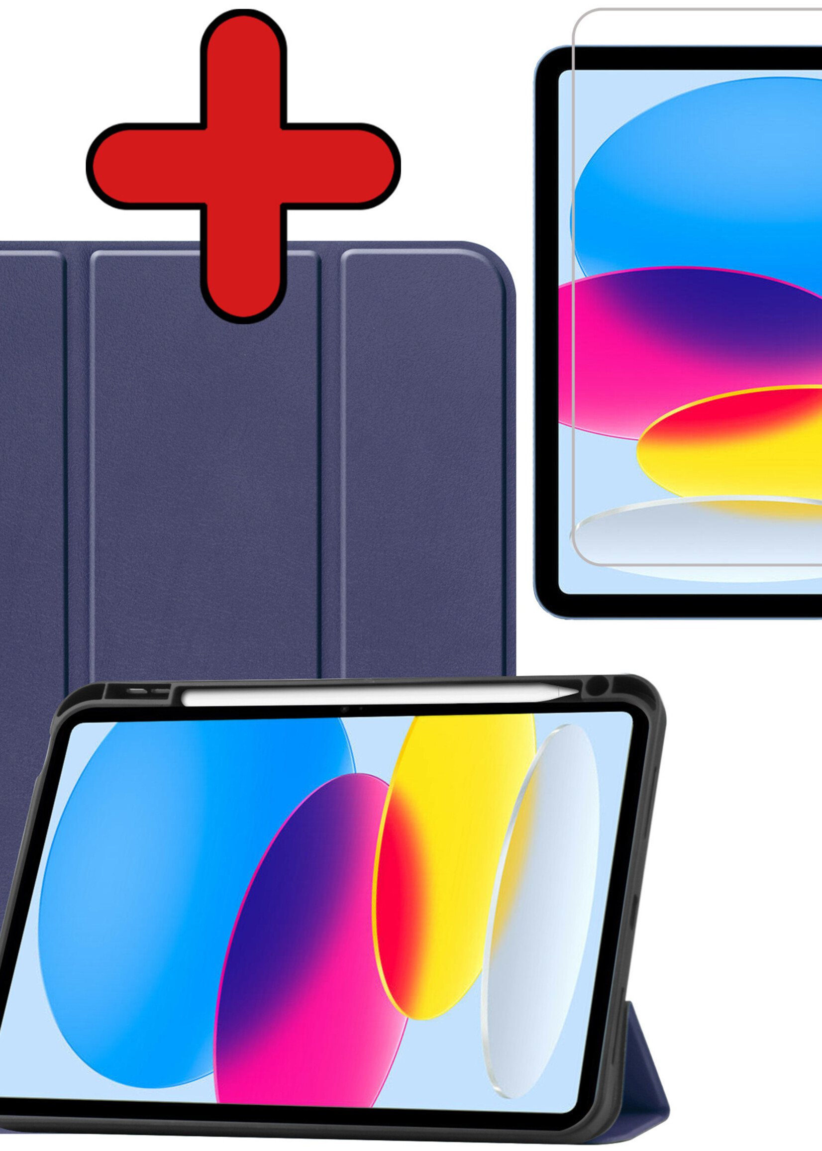BTH Hoes Geschikt voor iPad 2022 Hoes Book Case Hoesje Trifold Cover Met Uitsparing Geschikt voor Apple Pencil Met Screenprotector - Hoesje Geschikt voor iPad 10 Hoesje Bookcase - Donkerblauw