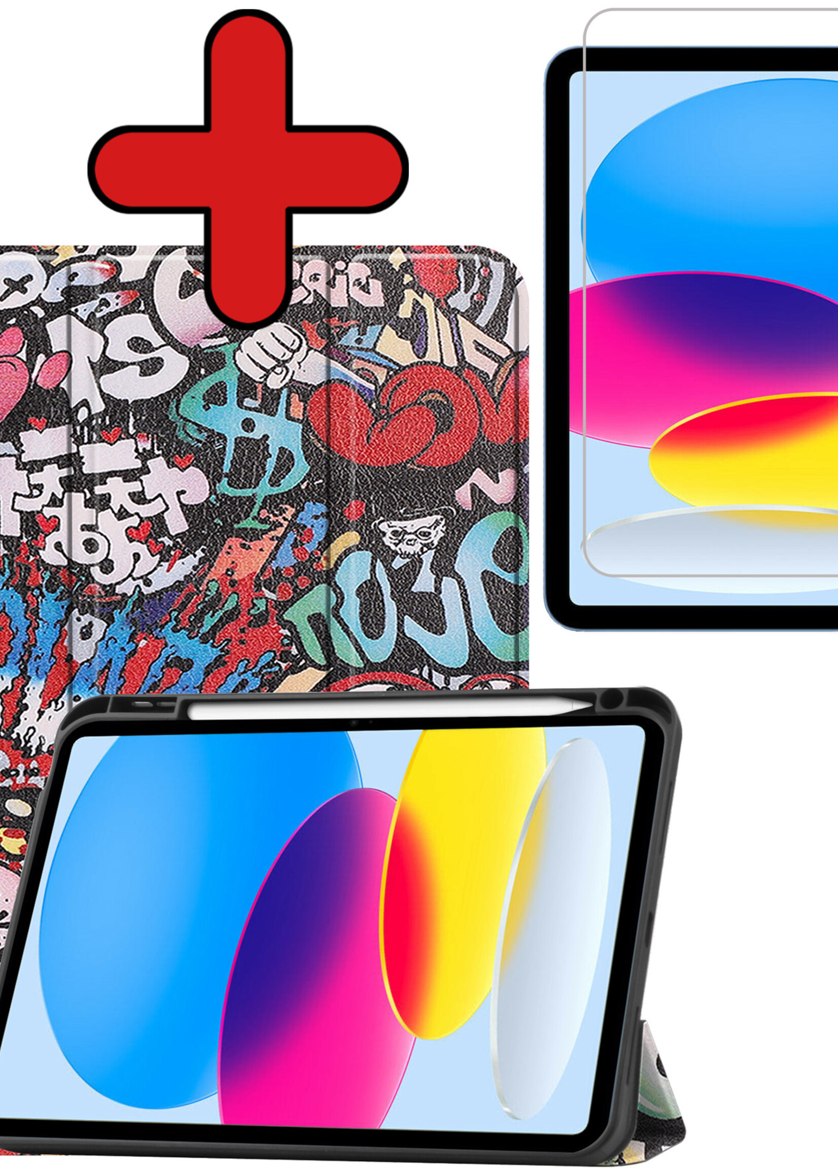 BTH Hoes Geschikt voor iPad 2022 Hoes Book Case Hoesje Trifold Cover Met Uitsparing Geschikt voor Apple Pencil Met Screenprotector - Hoesje Geschikt voor iPad 10 Hoesje Bookcase - Graffity