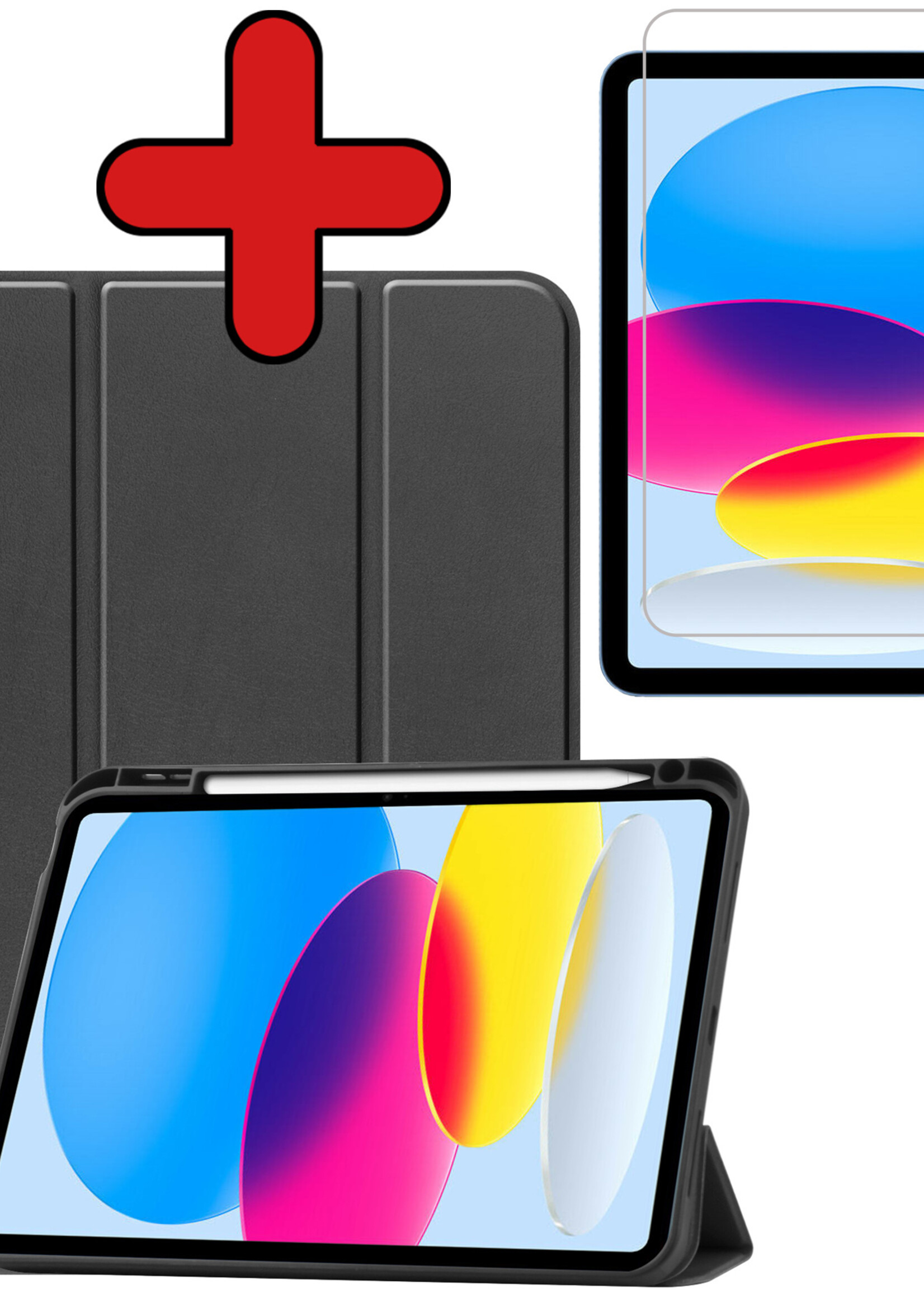 BTH Hoes Geschikt voor iPad 2022 Hoes Book Case Hoesje Trifold Cover Met Uitsparing Geschikt voor Apple Pencil Met Screenprotector - Hoesje Geschikt voor iPad 10 Hoesje Bookcase - Zwart