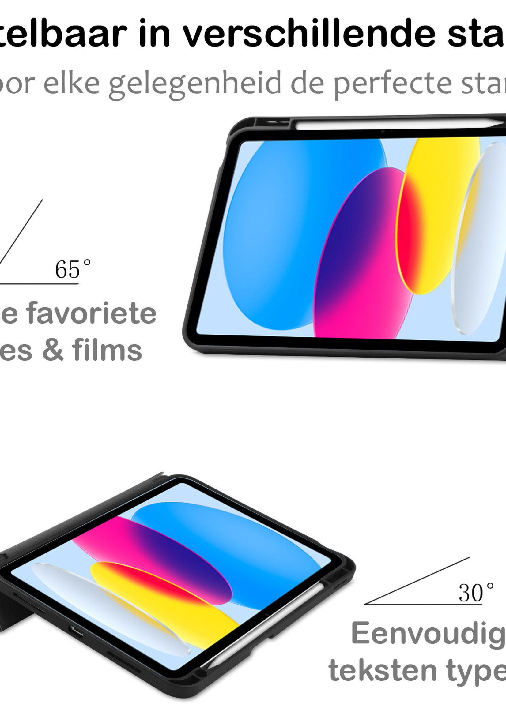 BTH Hoes Geschikt voor iPad 2022 Hoes Book Case Hoesje Trifold Cover Met Uitsparing Geschikt voor Apple Pencil Met Screenprotector - Hoesje Geschikt voor iPad 10 Hoesje Bookcase - Zwart