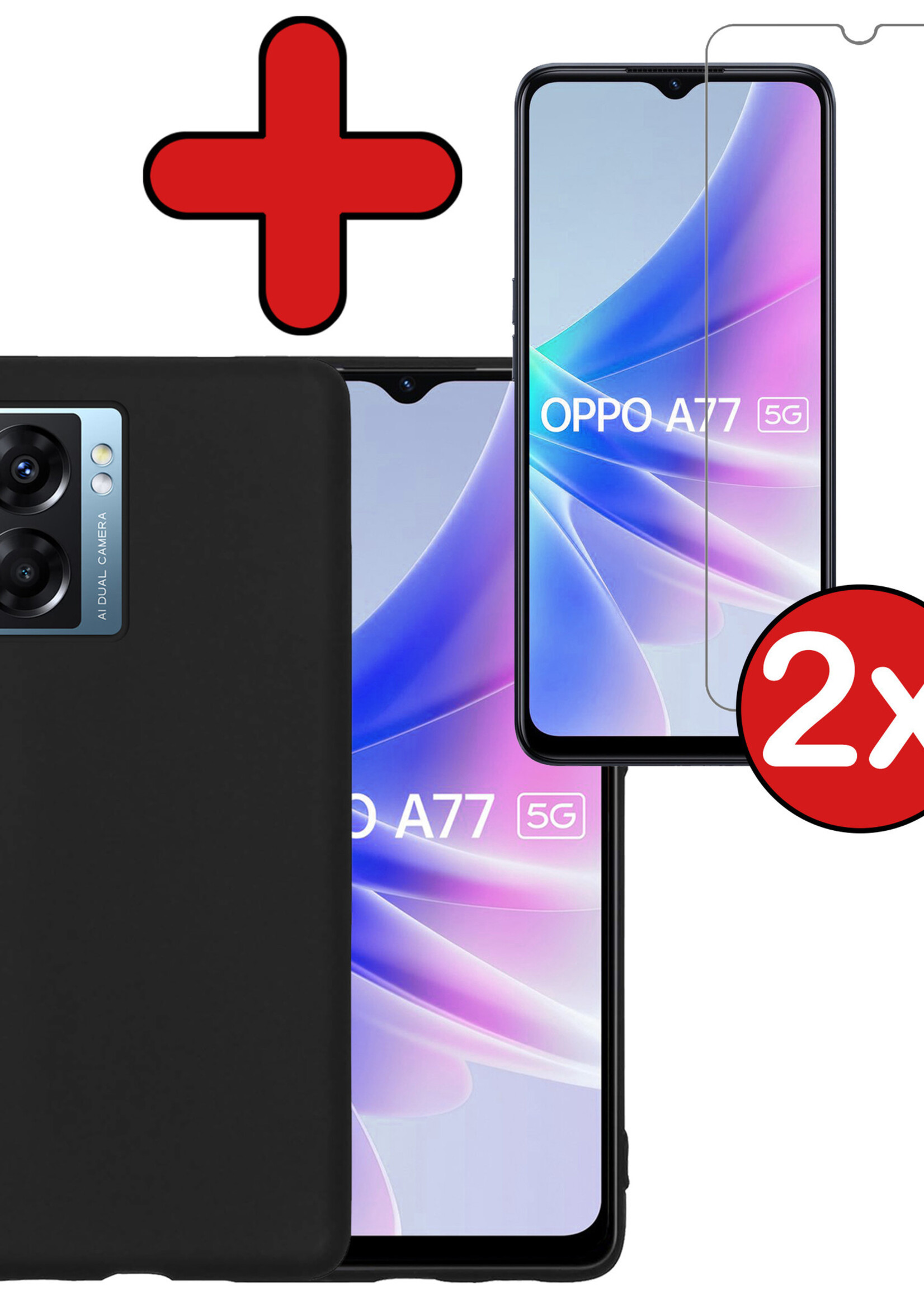 BTH Hoesje Geschikt voor OPPO A77 Hoesje Siliconen Case Hoes Met 2x Screenprotector - Hoes Geschikt voor OPPO A77 Hoes Cover Case - Zwart