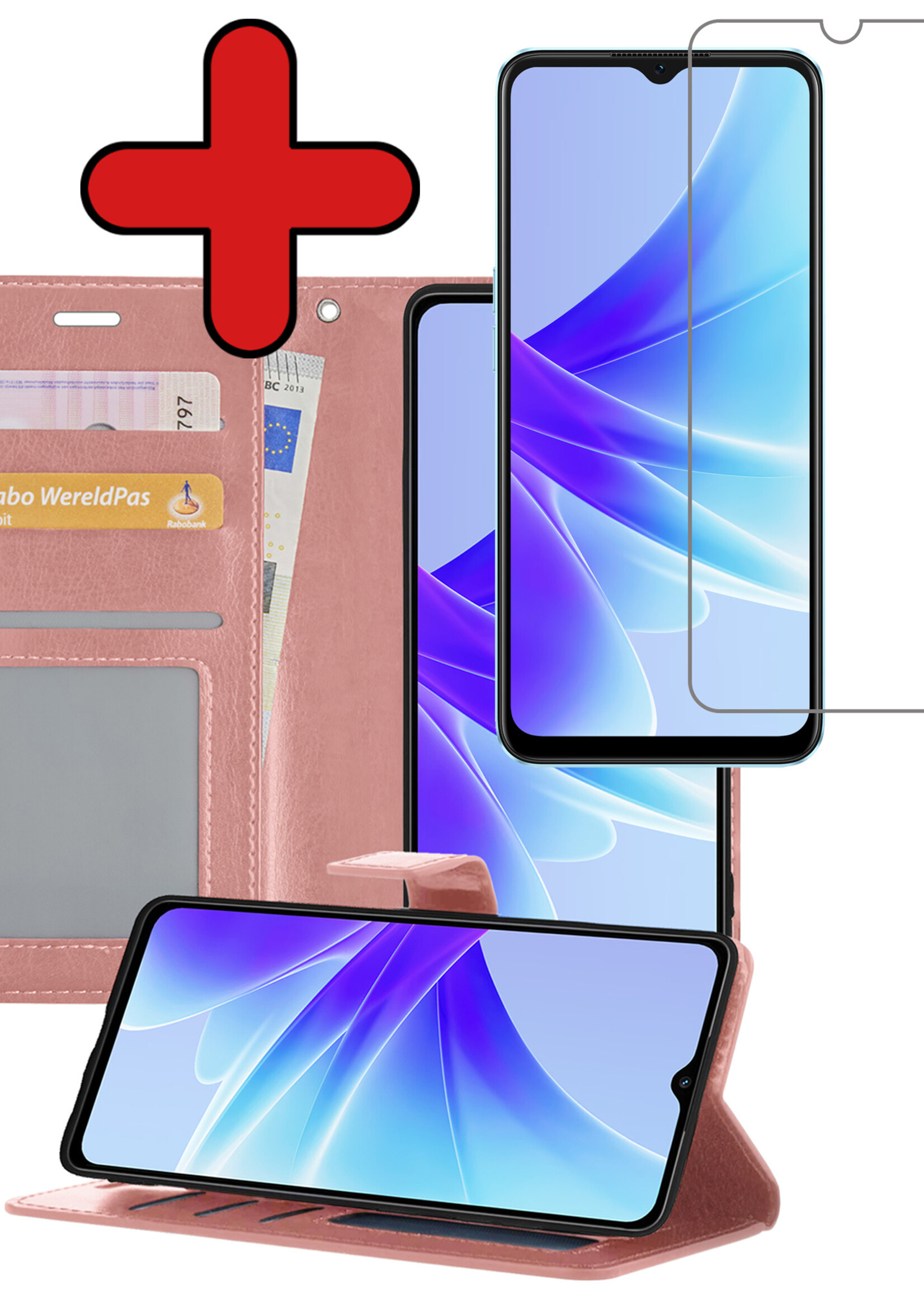 BTH Hoesje Geschikt voor OPPO A17 Hoesje Book Case Hoes Portemonnee Cover Walletcase Met Screenprotector - Hoes Geschikt voor OPPO A17 Hoes Bookcase Hoesje - Rosé goud