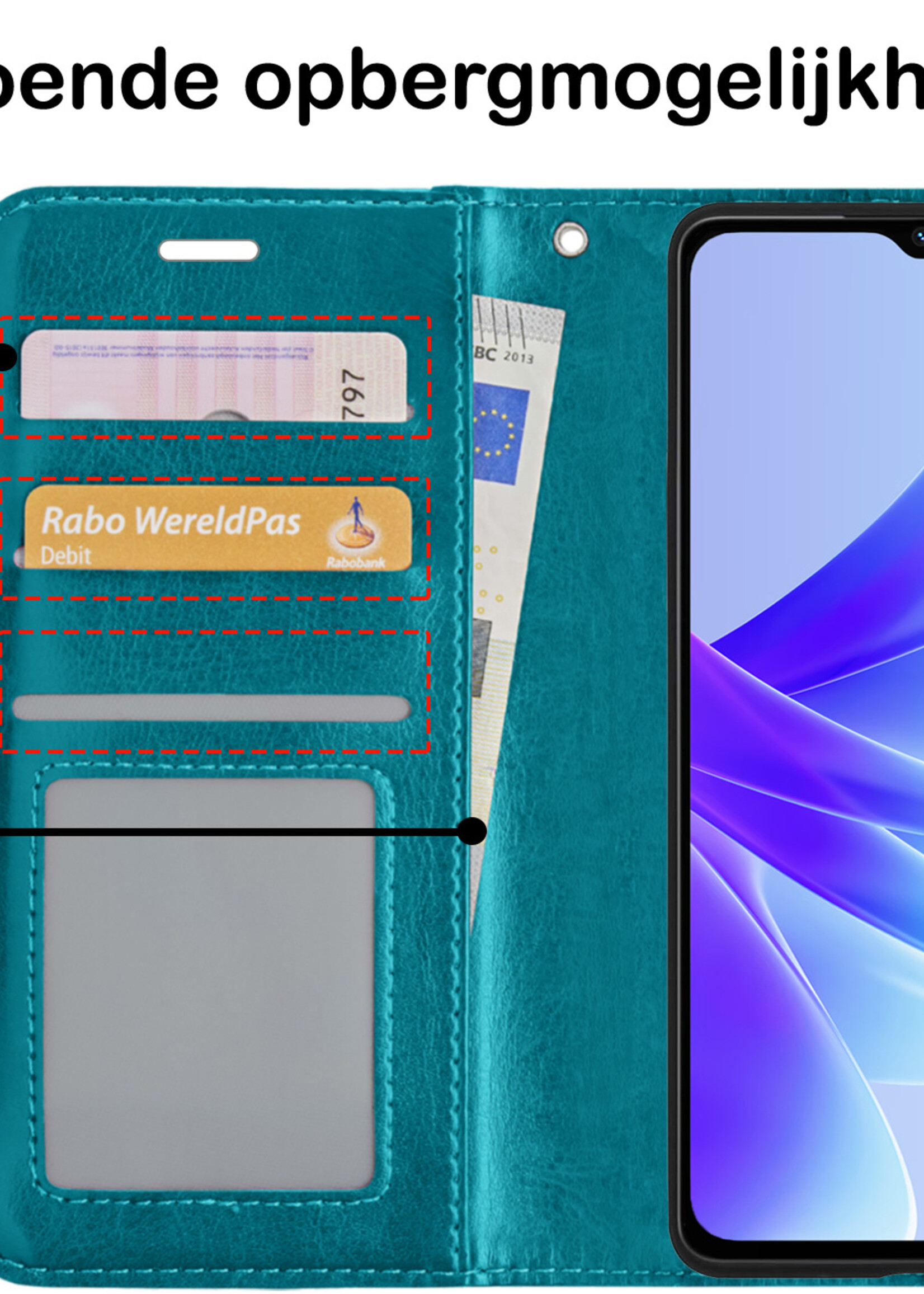 BTH Hoesje Geschikt voor OPPO A17 Hoesje Book Case Hoes Portemonnee Cover Walletcase Met Screenprotector - Hoes Geschikt voor OPPO A17 Hoes Bookcase Hoesje - Turquoise