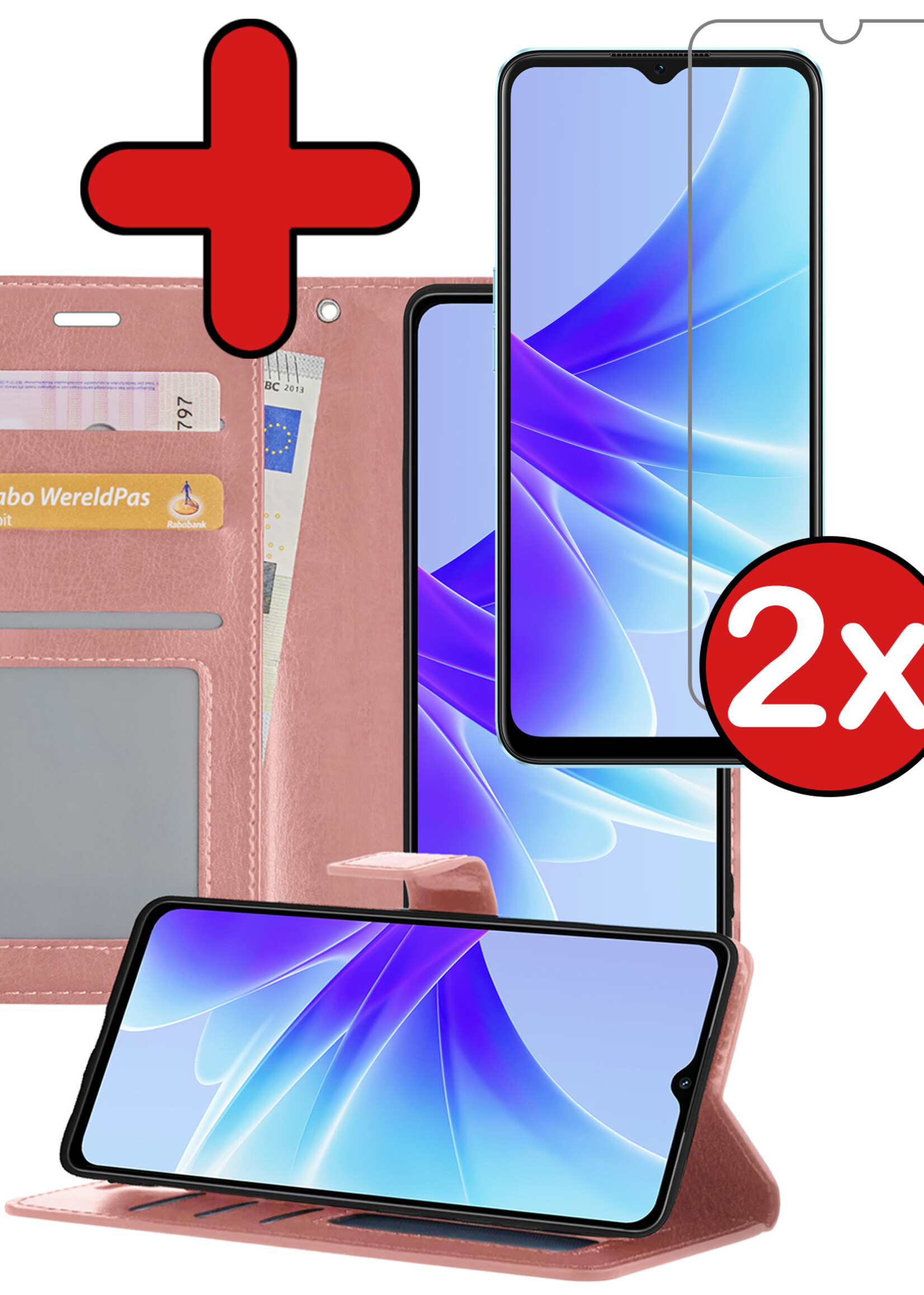BTH Hoesje Geschikt voor OPPO A17 Hoesje Book Case Hoes Portemonnee Cover Walletcase Met 2x Screenprotector - Hoes Geschikt voor OPPO A17 Hoes Bookcase Hoesje - Rosé goud