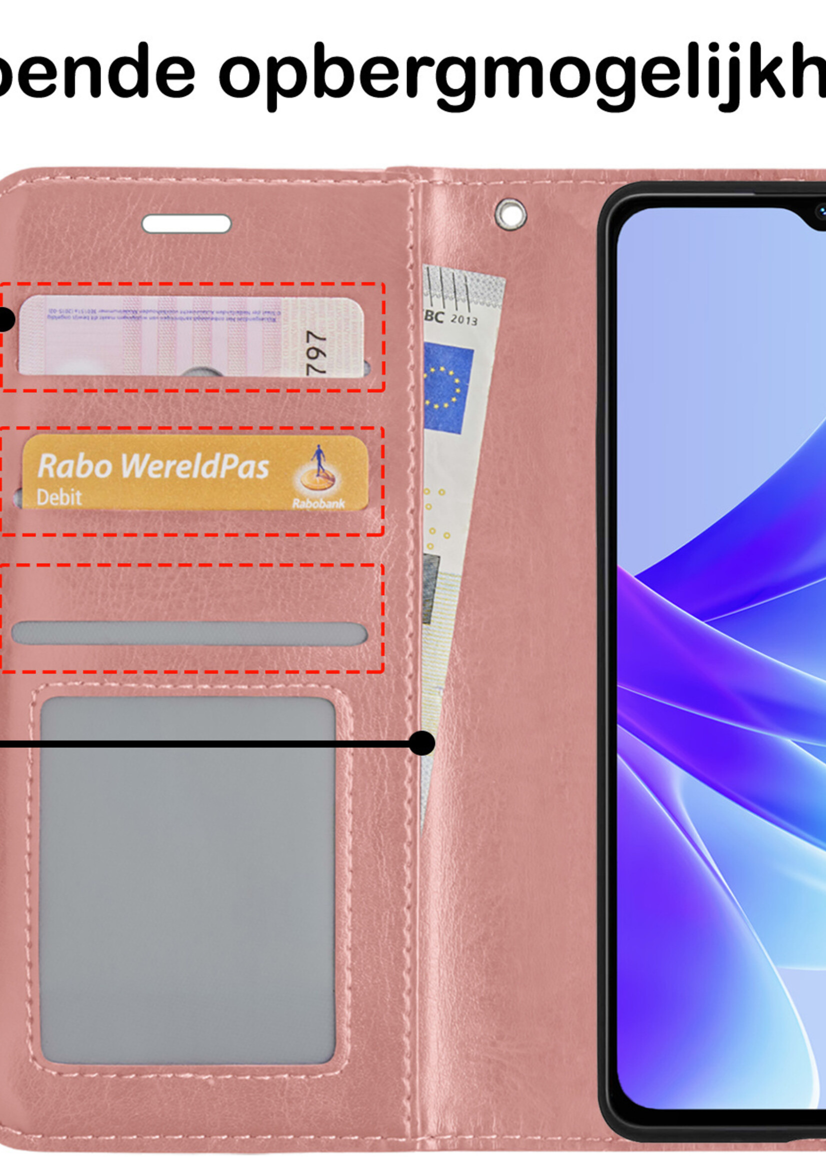 BTH Hoesje Geschikt voor OPPO A17 Hoesje Book Case Hoes Portemonnee Cover Walletcase Met 2x Screenprotector - Hoes Geschikt voor OPPO A17 Hoes Bookcase Hoesje - Rosé goud