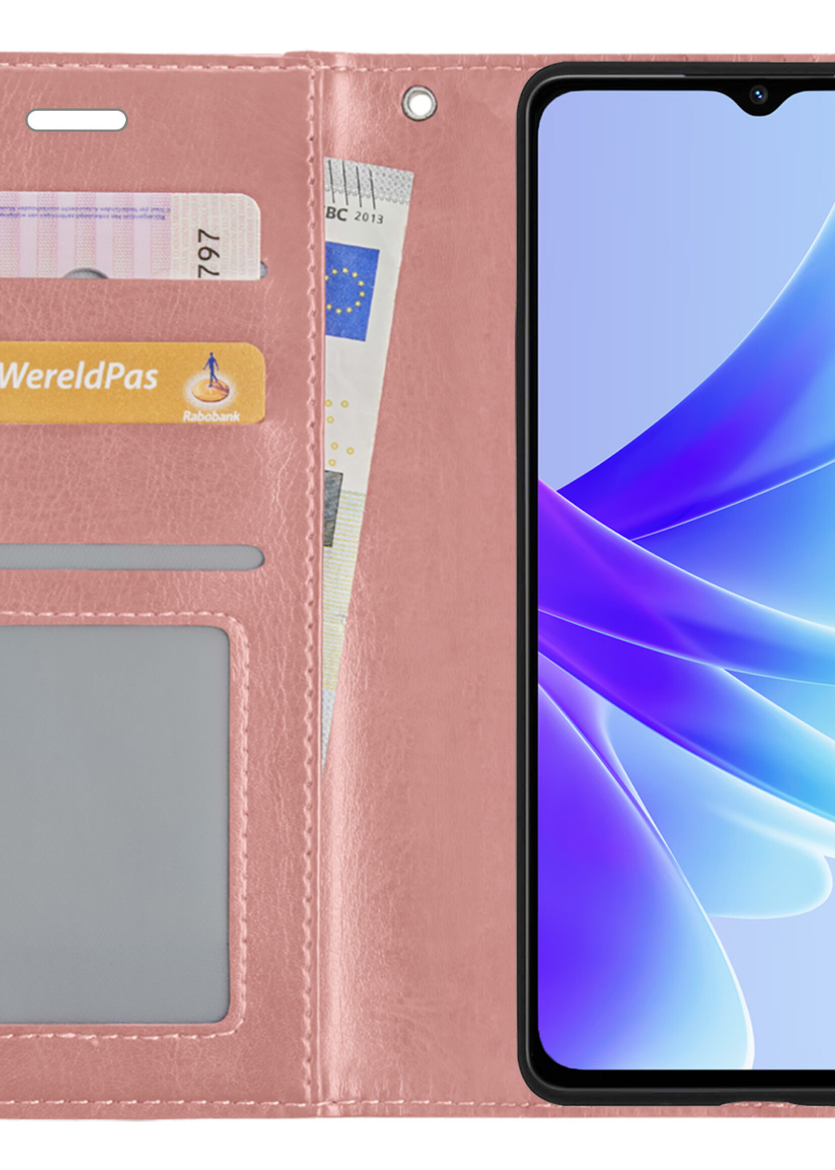 BTH Hoesje Geschikt voor OPPO A17 Hoesje Book Case Hoes Portemonnee Cover Walletcase Met 2x Screenprotector - Hoes Geschikt voor OPPO A17 Hoes Bookcase Hoesje - Rosé goud