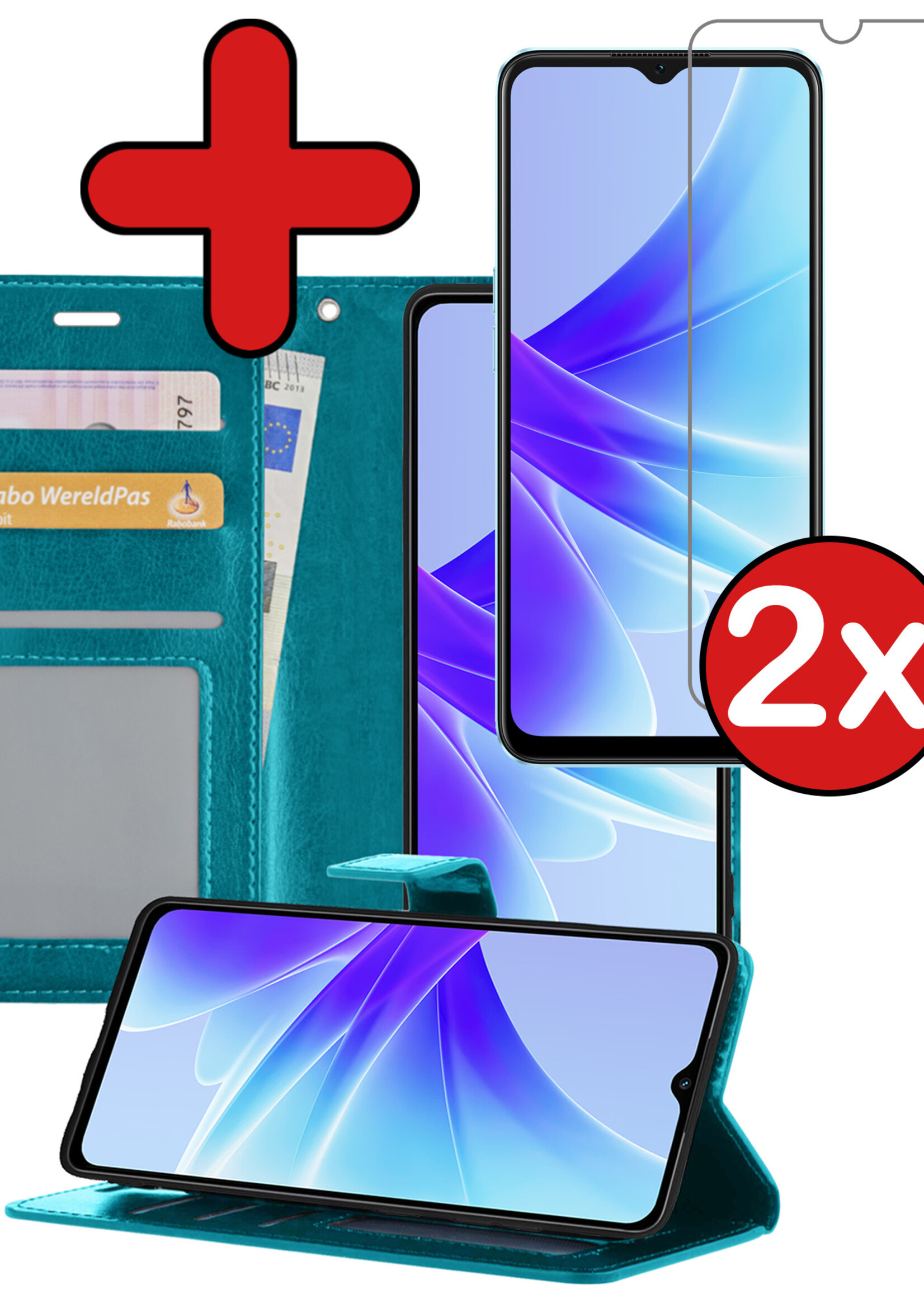 BTH Hoesje Geschikt voor OPPO A17 Hoesje Book Case Hoes Portemonnee Cover Walletcase Met 2x Screenprotector - Hoes Geschikt voor OPPO A17 Hoes Bookcase Hoesje - Turquoise