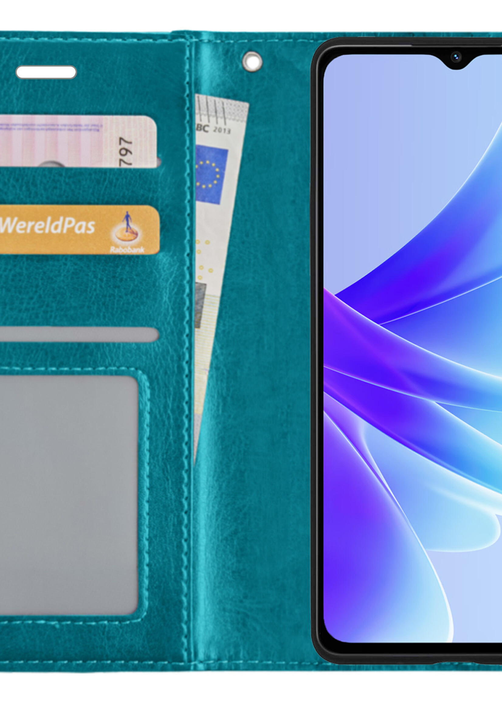 BTH Hoesje Geschikt voor OPPO A17 Hoesje Book Case Hoes Portemonnee Cover Walletcase Met 2x Screenprotector - Hoes Geschikt voor OPPO A17 Hoes Bookcase Hoesje - Turquoise