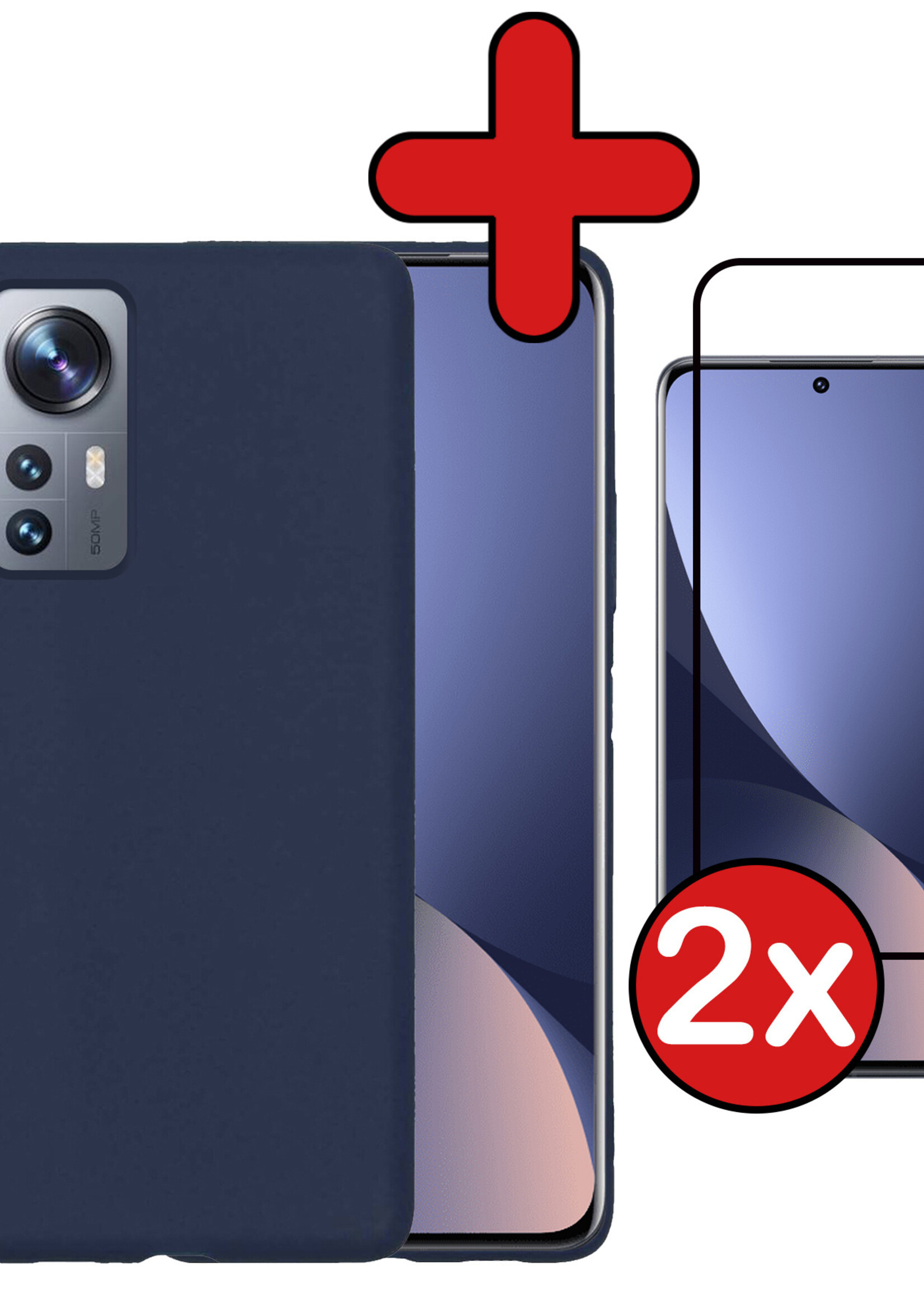 BTH Hoesje Geschikt voor Xiaomi 12 Hoesje Siliconen Case Hoes Met 2x Screenprotector - Hoes Geschikt voor Xiaomi 12 Hoes Cover Case - Donkerblauw