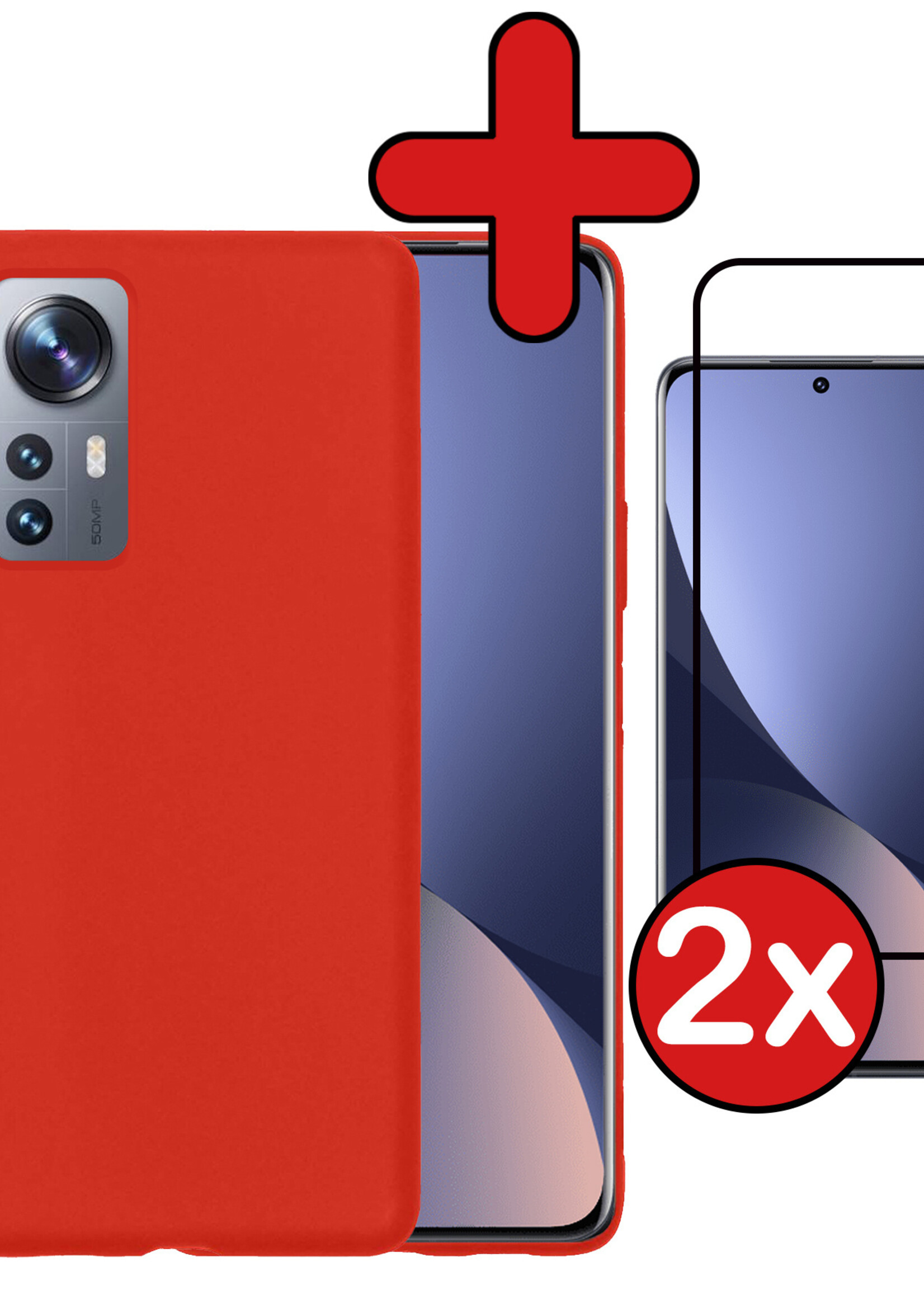 BTH Hoesje Geschikt voor Xiaomi 12 Hoesje Siliconen Case Hoes Met 2x Screenprotector - Hoes Geschikt voor Xiaomi 12 Hoes Cover Case - Rood