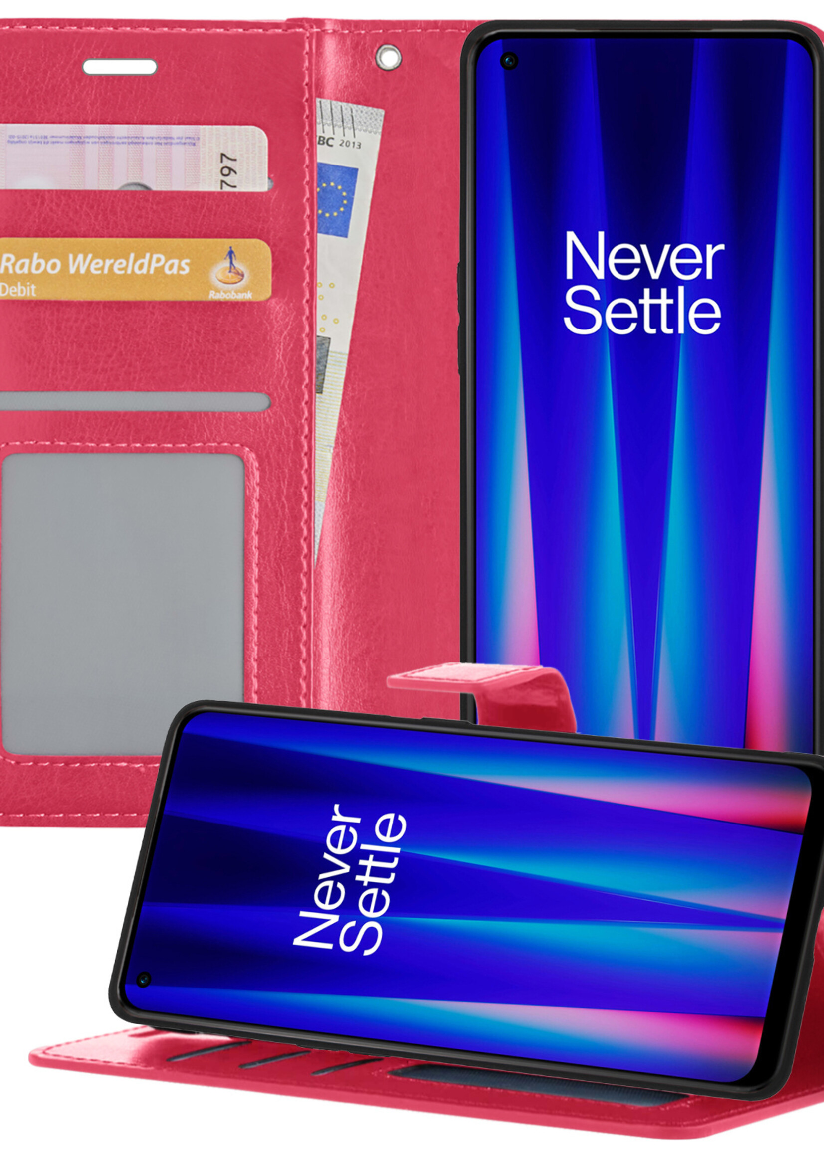 BTH OnePlus Nord CE 2 Lite Hoesje Book Case Hoes Portemonnee Cover Walletcase - OnePlus Nord CE 2 Lite Hoes Bookcase Hoesje - Donkerroze