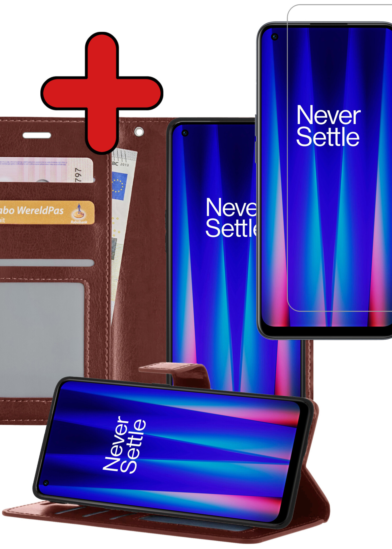 BTH Hoesje Geschikt voor OnePlus Nord CE 2 Lite Hoesje Book Case Hoes Portemonnee Cover Walletcase Met Screenprotector - Hoes Geschikt voor OnePlus Nord CE 2 Lite Hoes Bookcase Hoesje - Bruin