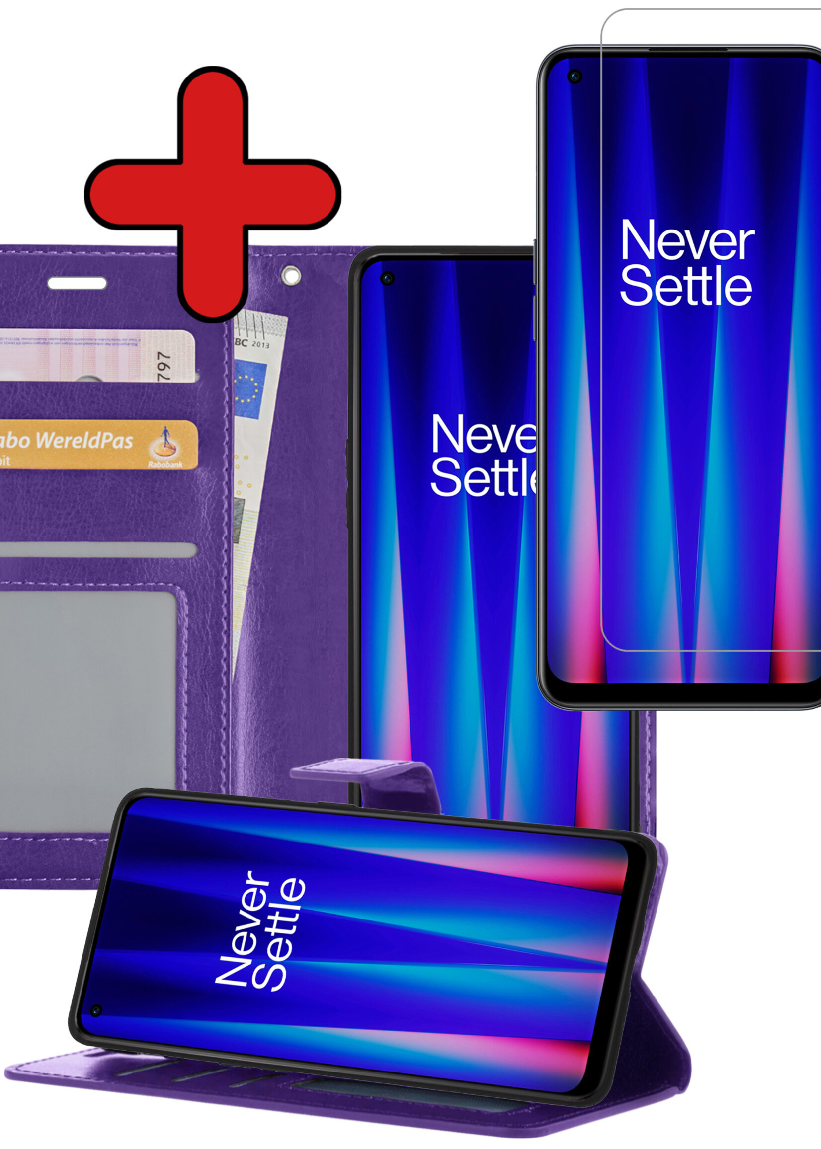 BTH Hoesje Geschikt voor OnePlus Nord CE 2 Lite Hoesje Book Case Hoes Portemonnee Cover Walletcase Met Screenprotector - Hoes Geschikt voor OnePlus Nord CE 2 Lite Hoes Bookcase Hoesje - Paars