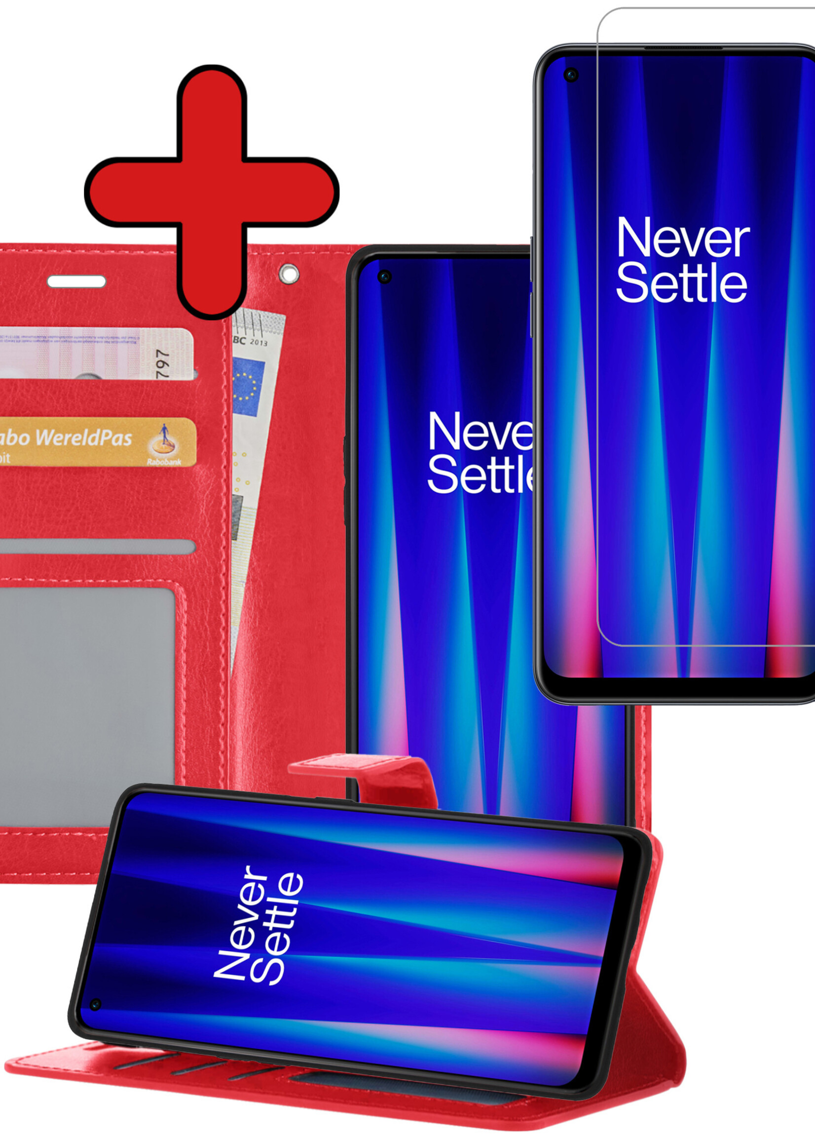 BTH Hoesje Geschikt voor OnePlus Nord CE 2 Lite Hoesje Book Case Hoes Portemonnee Cover Walletcase Met Screenprotector - Hoes Geschikt voor OnePlus Nord CE 2 Lite Hoes Bookcase Hoesje - Rood