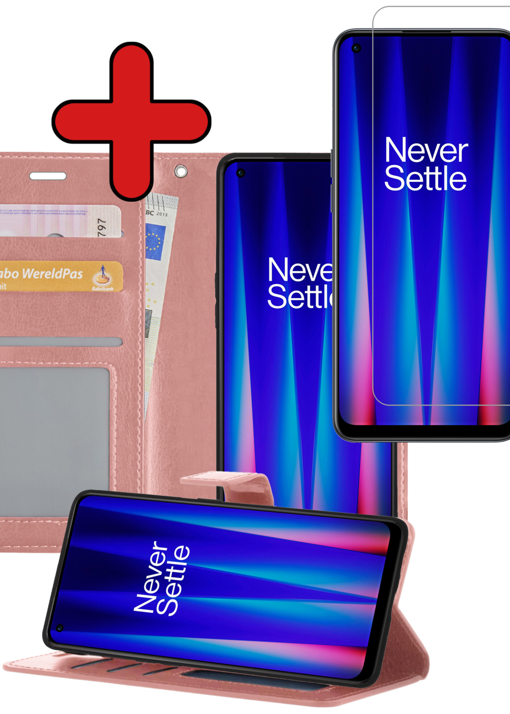 BTH Hoesje Geschikt voor OnePlus Nord CE 2 Lite Hoesje Book Case Hoes Portemonnee Cover Walletcase Met Screenprotector - Hoes Geschikt voor OnePlus Nord CE 2 Lite Hoes Bookcase Hoesje - Rosé goud