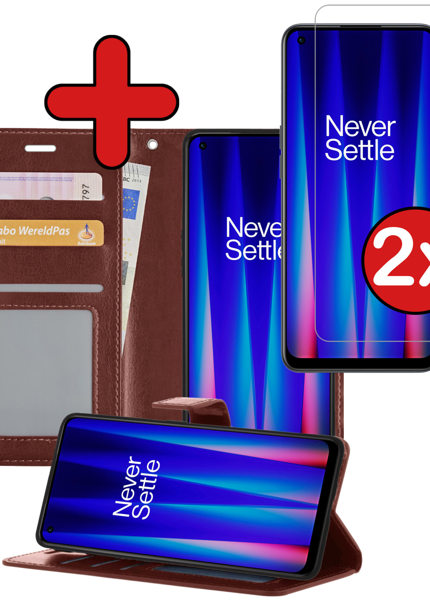 BTH Hoesje Geschikt voor OnePlus Nord CE 2 Lite Hoesje Book Case Hoes Portemonnee Cover Walletcase Met 2x Screenprotector - Hoes Geschikt voor OnePlus Nord CE 2 Lite Hoes Bookcase Hoesje - Bruin