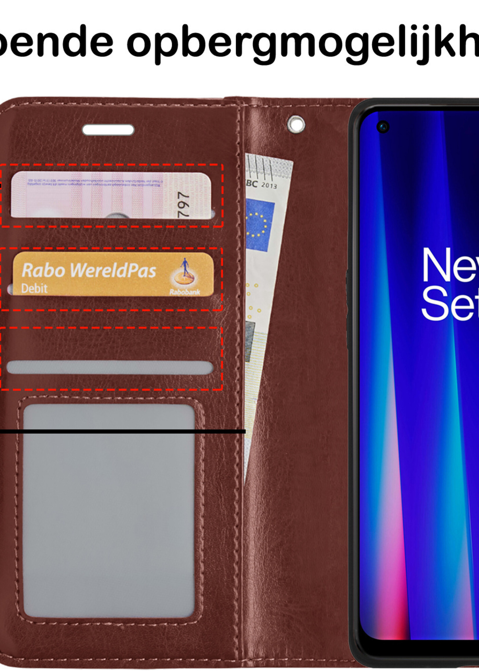 BTH Hoesje Geschikt voor OnePlus Nord CE 2 Lite Hoesje Book Case Hoes Portemonnee Cover Walletcase Met 2x Screenprotector - Hoes Geschikt voor OnePlus Nord CE 2 Lite Hoes Bookcase Hoesje - Bruin