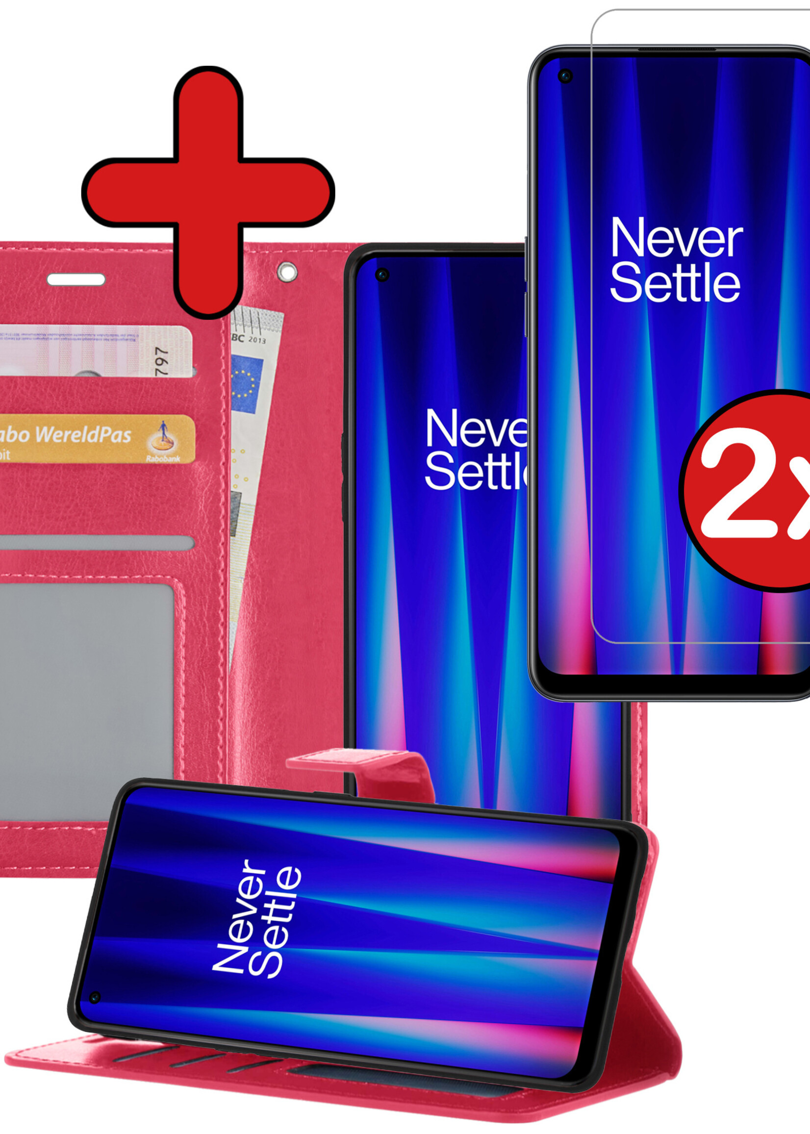 BTH Hoesje Geschikt voor OnePlus Nord CE 2 Lite Hoesje Book Case Hoes Portemonnee Cover Walletcase Met 2x Screenprotector - Hoes Geschikt voor OnePlus Nord CE 2 Lite Hoes Bookcase Hoesje - Donkerroze