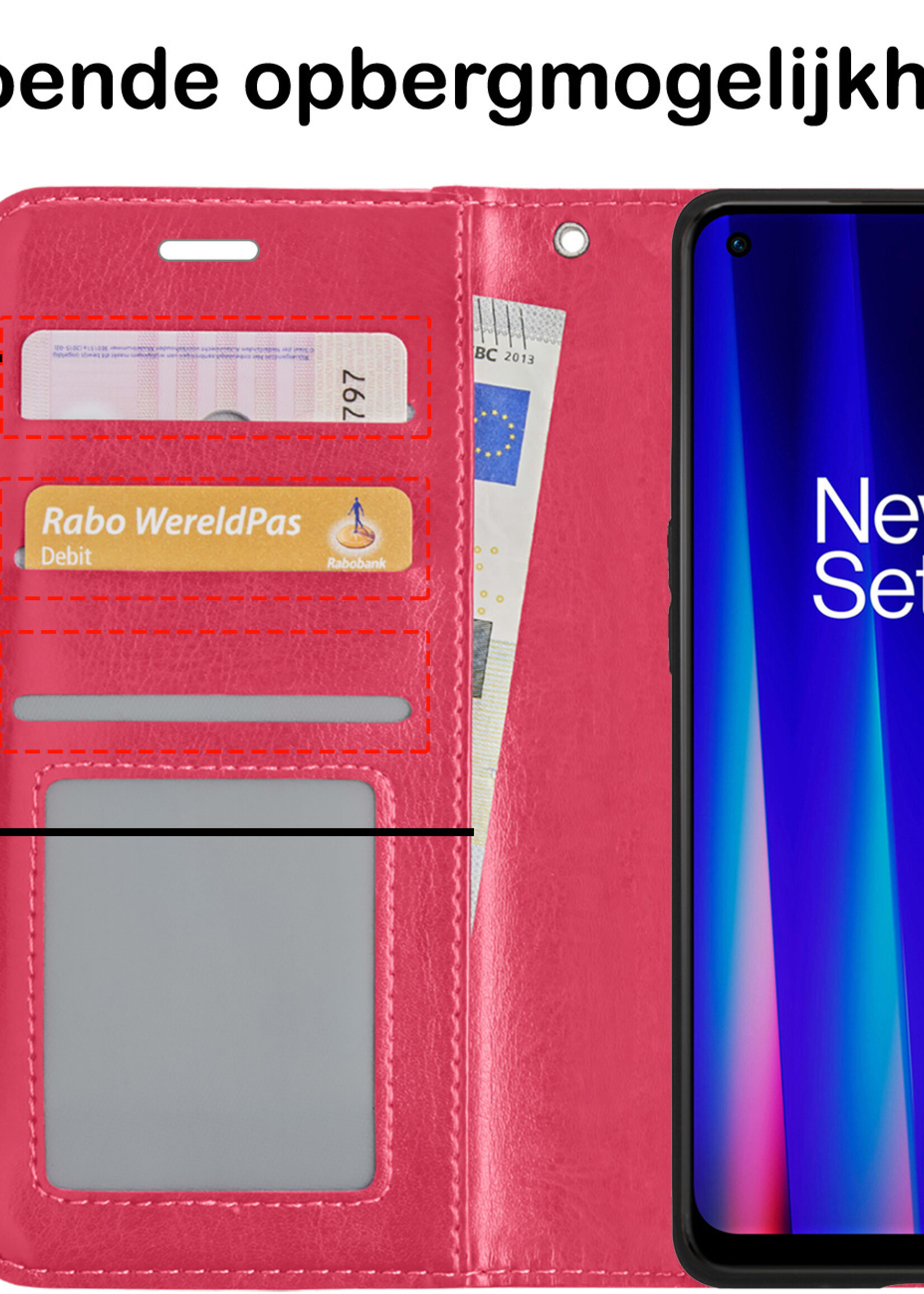 BTH Hoesje Geschikt voor OnePlus Nord CE 2 Lite Hoesje Book Case Hoes Portemonnee Cover Walletcase Met 2x Screenprotector - Hoes Geschikt voor OnePlus Nord CE 2 Lite Hoes Bookcase Hoesje - Donkerroze