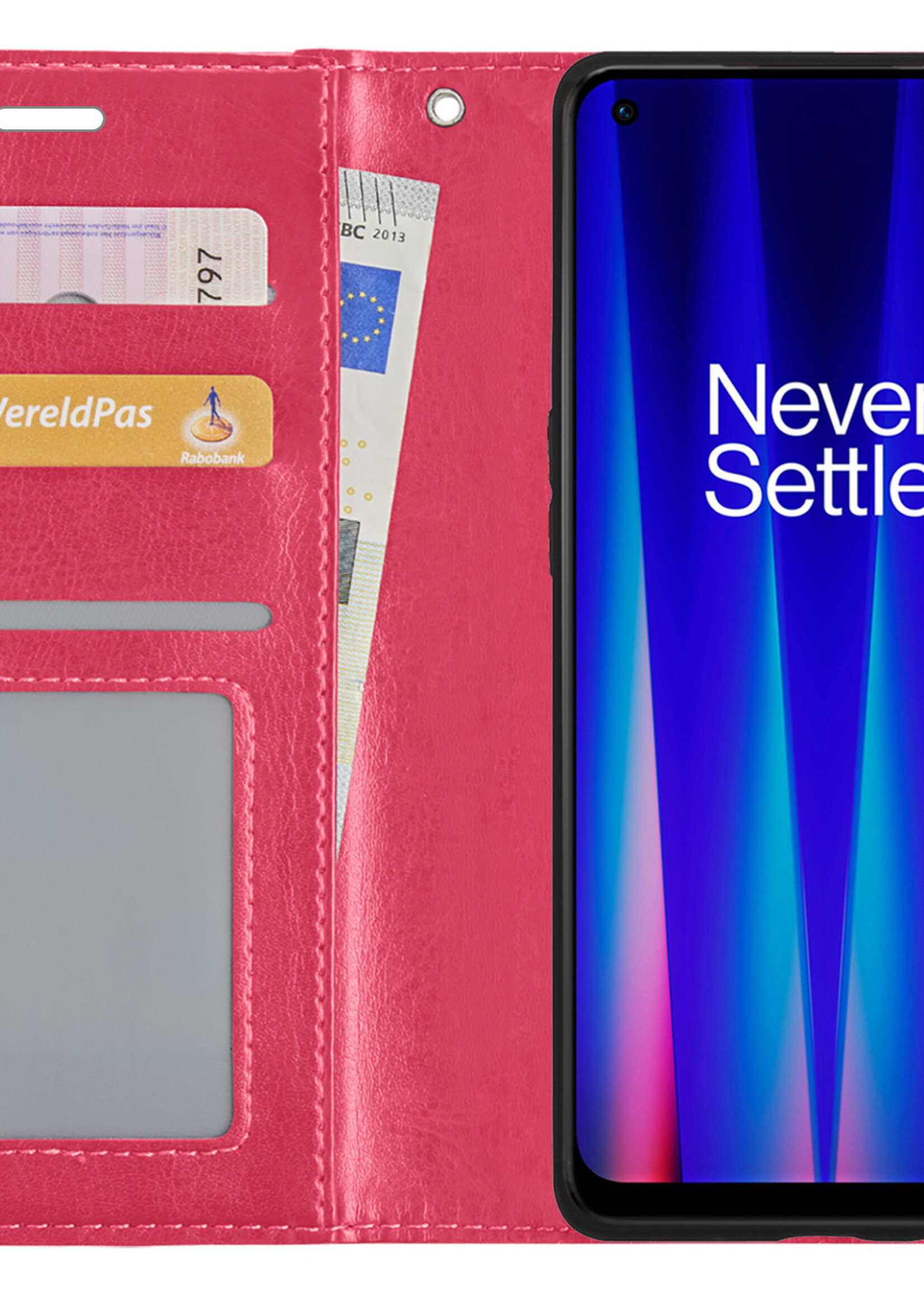 BTH Hoesje Geschikt voor OnePlus Nord CE 2 Lite Hoesje Book Case Hoes Portemonnee Cover Walletcase Met 2x Screenprotector - Hoes Geschikt voor OnePlus Nord CE 2 Lite Hoes Bookcase Hoesje - Donkerroze