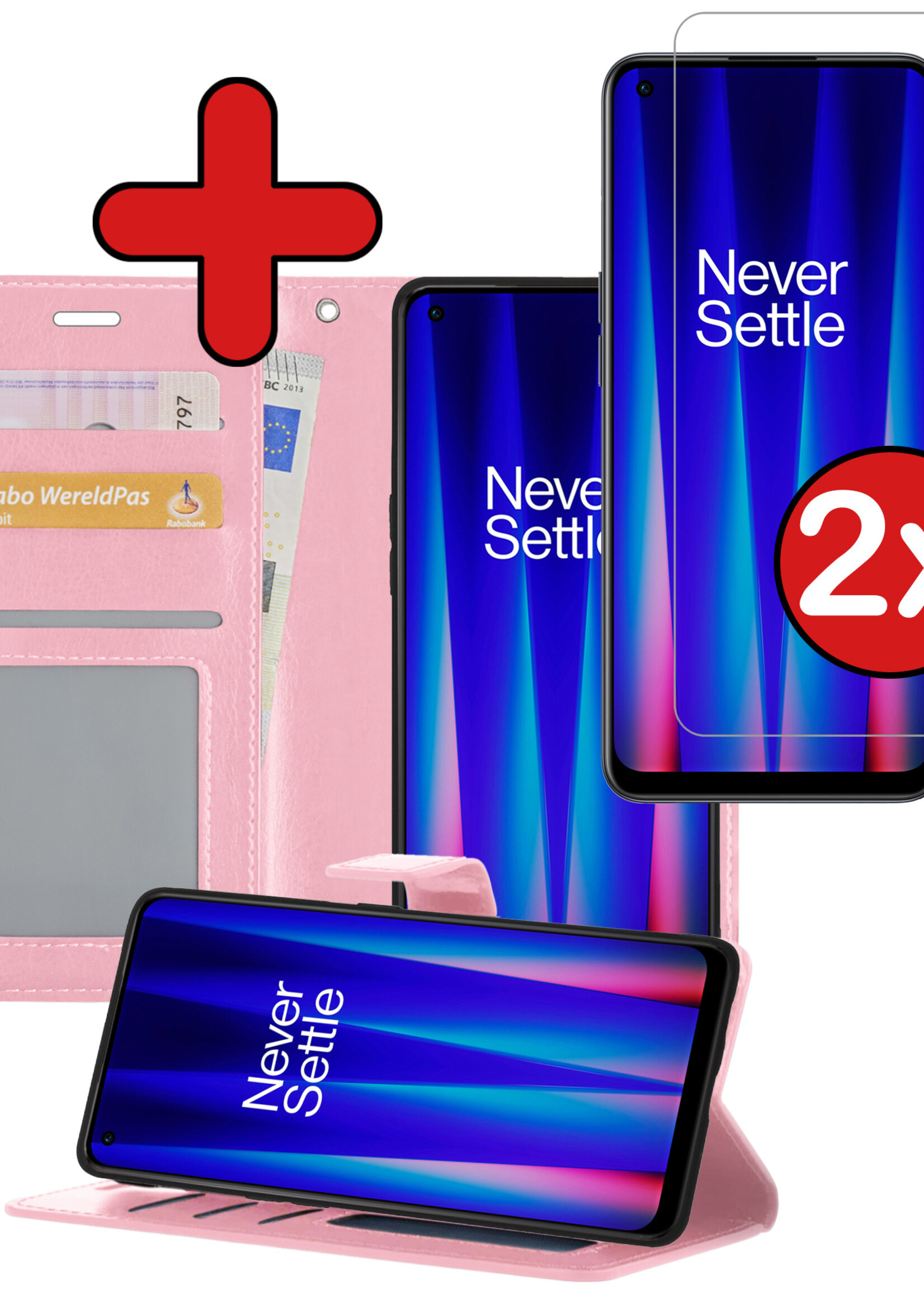 BTH Hoesje Geschikt voor OnePlus Nord CE 2 Lite Hoesje Book Case Hoes Portemonnee Cover Walletcase Met 2x Screenprotector - Hoes Geschikt voor OnePlus Nord CE 2 Lite Hoes Bookcase Hoesje - Lichtroze